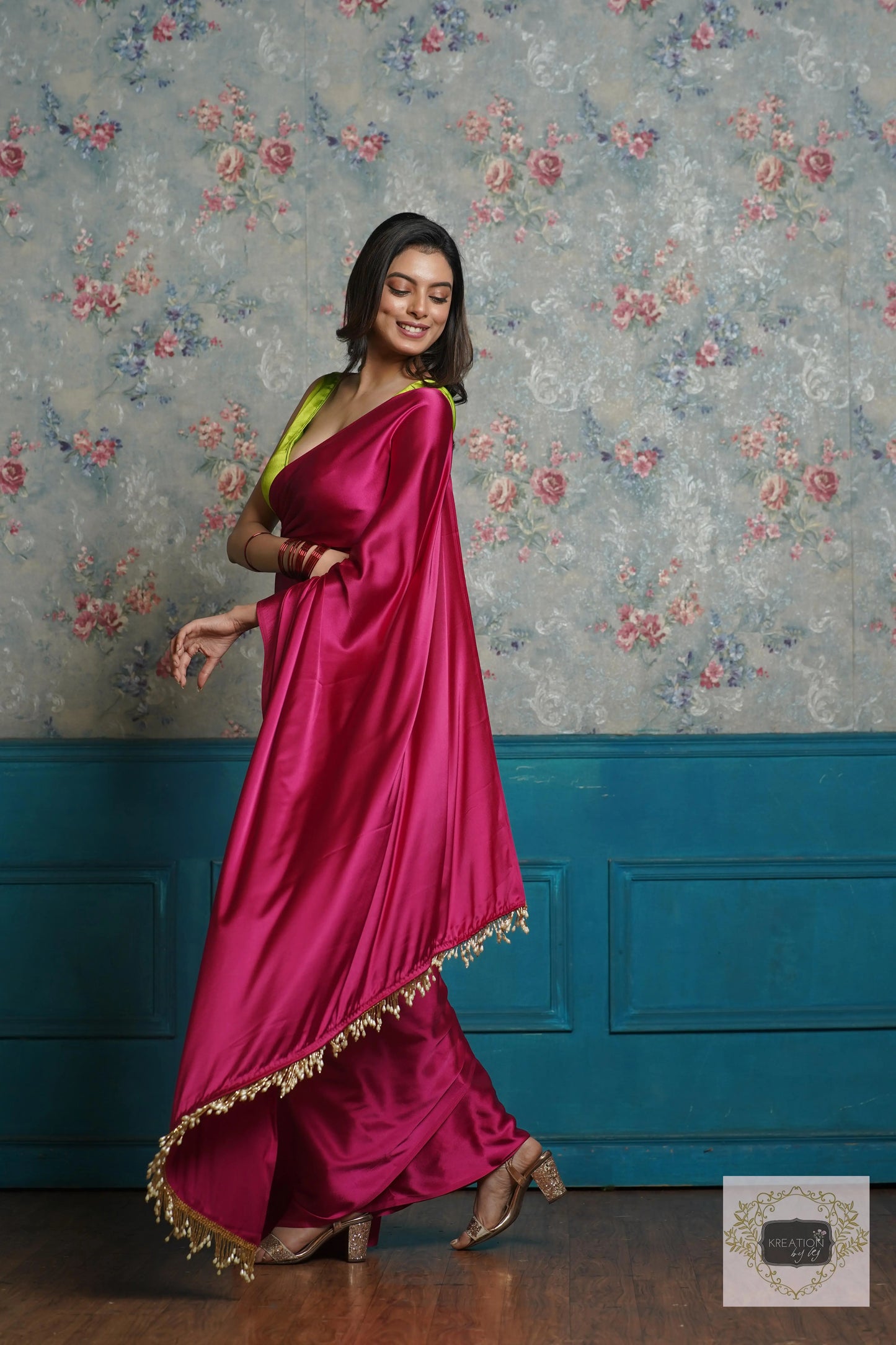 Hot Pink Satin Silk Saree with Handmade Tassels on Pallu kreationbykj