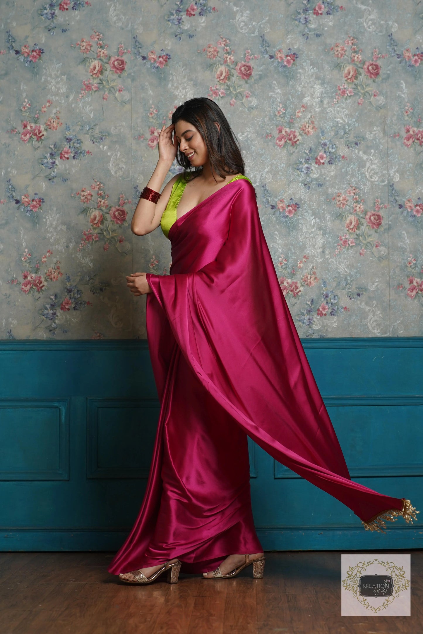 Hot Pink Satin Silk Saree with Handmade Tassels on Pallu kreationbykj