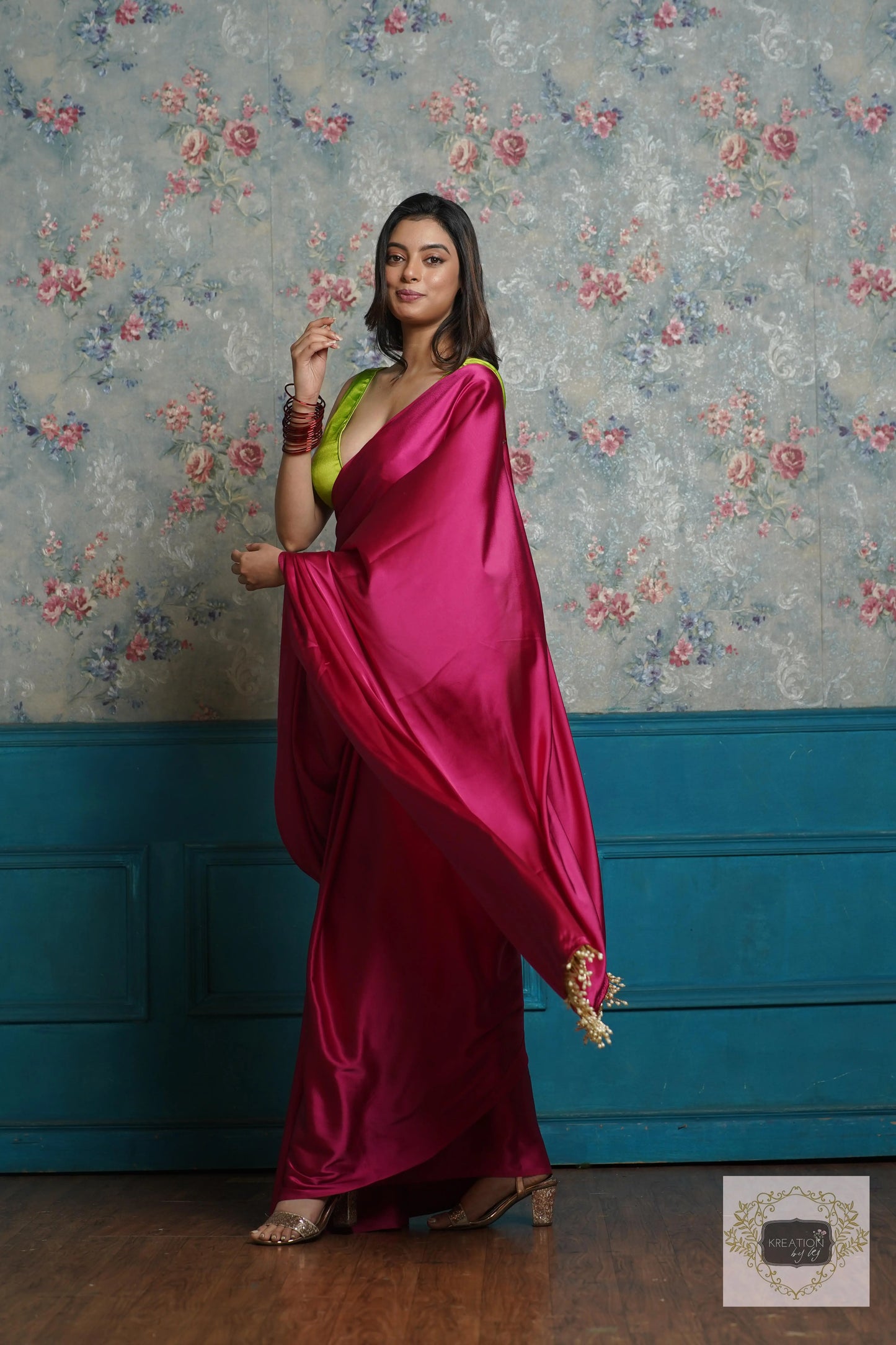 Hot Pink Satin Silk Saree with Handmade Tassels on Pallu kreationbykj