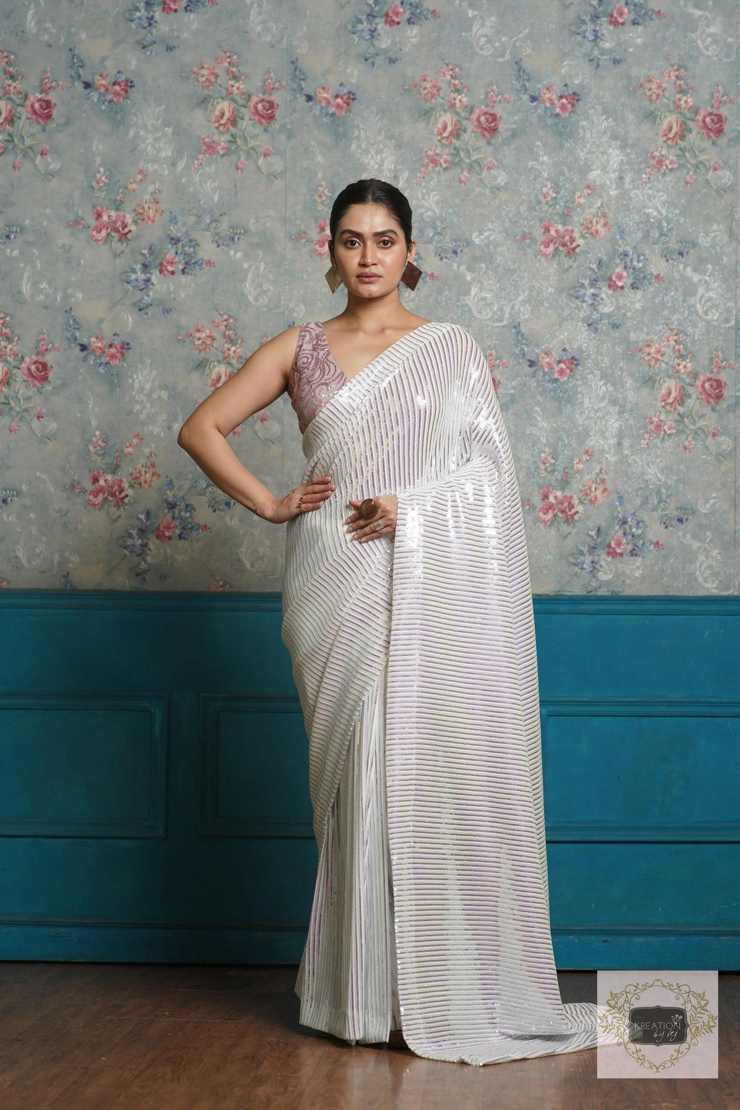 White Sequin Cocktail Saree kreationbykj