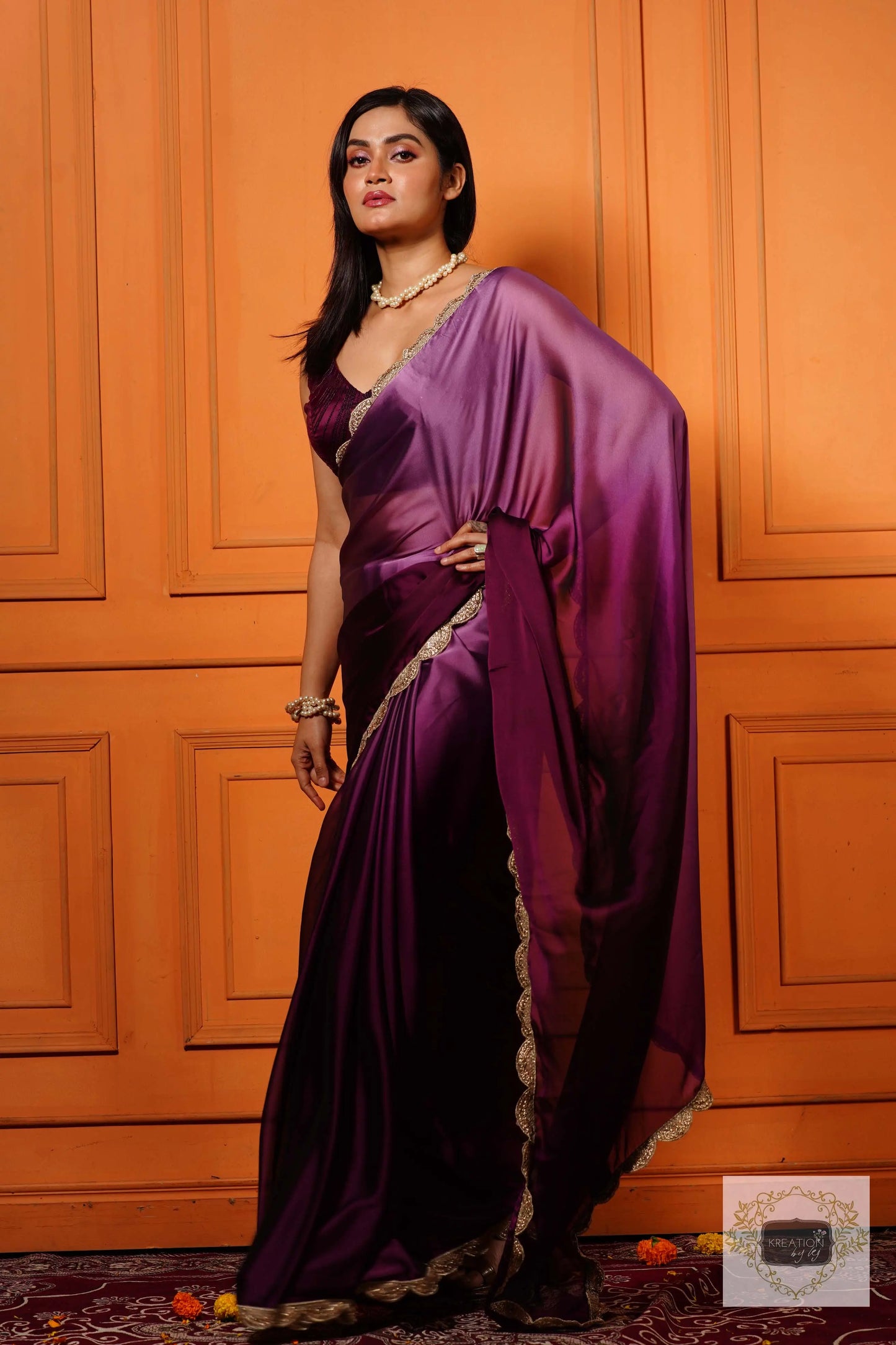 Black Currant Ombre Designer Saree with Scallop Border kreationbykj