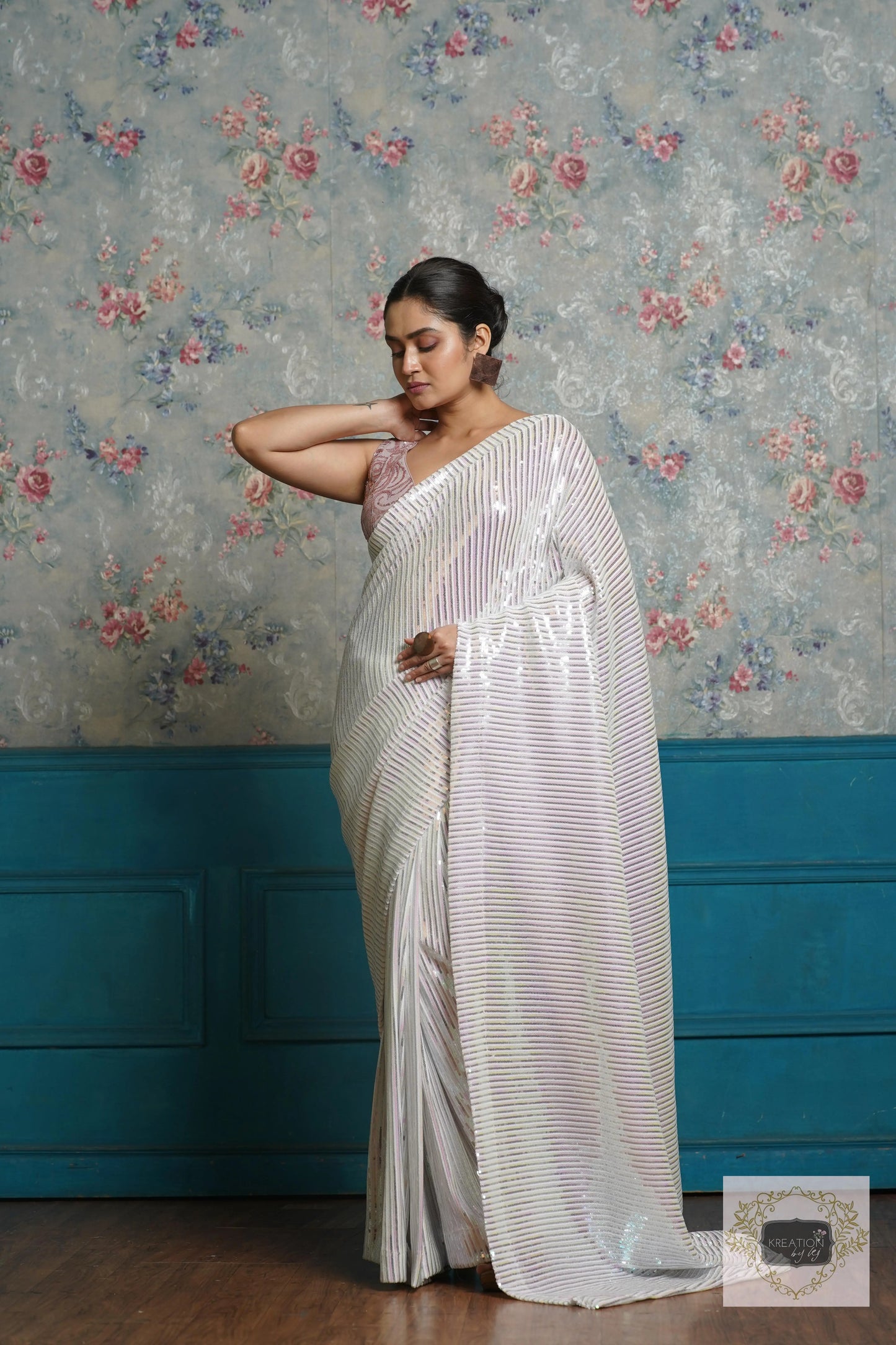 White Sequin Cocktail Saree kreationbykj