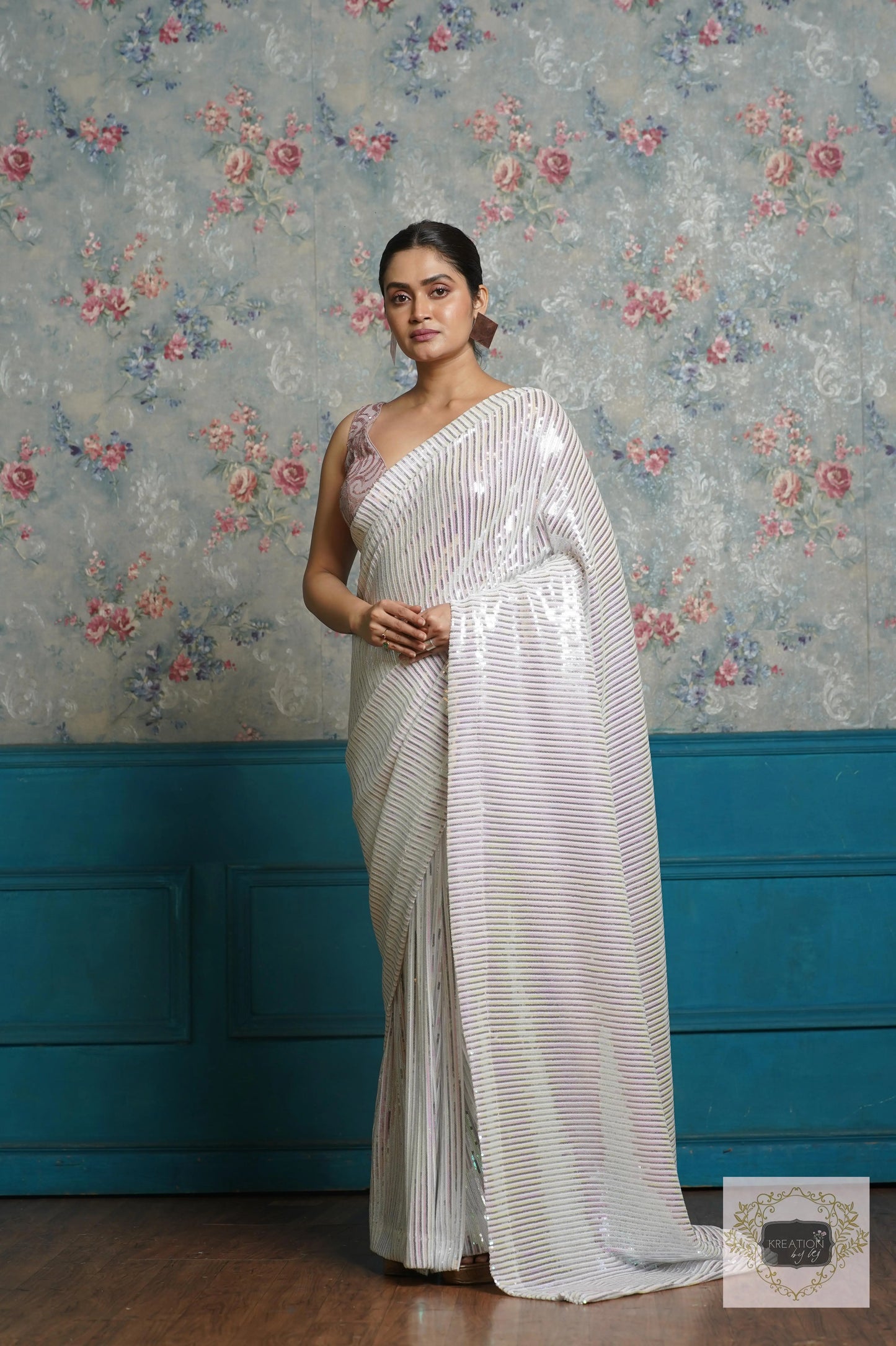 White Sequin Cocktail Saree kreationbykj