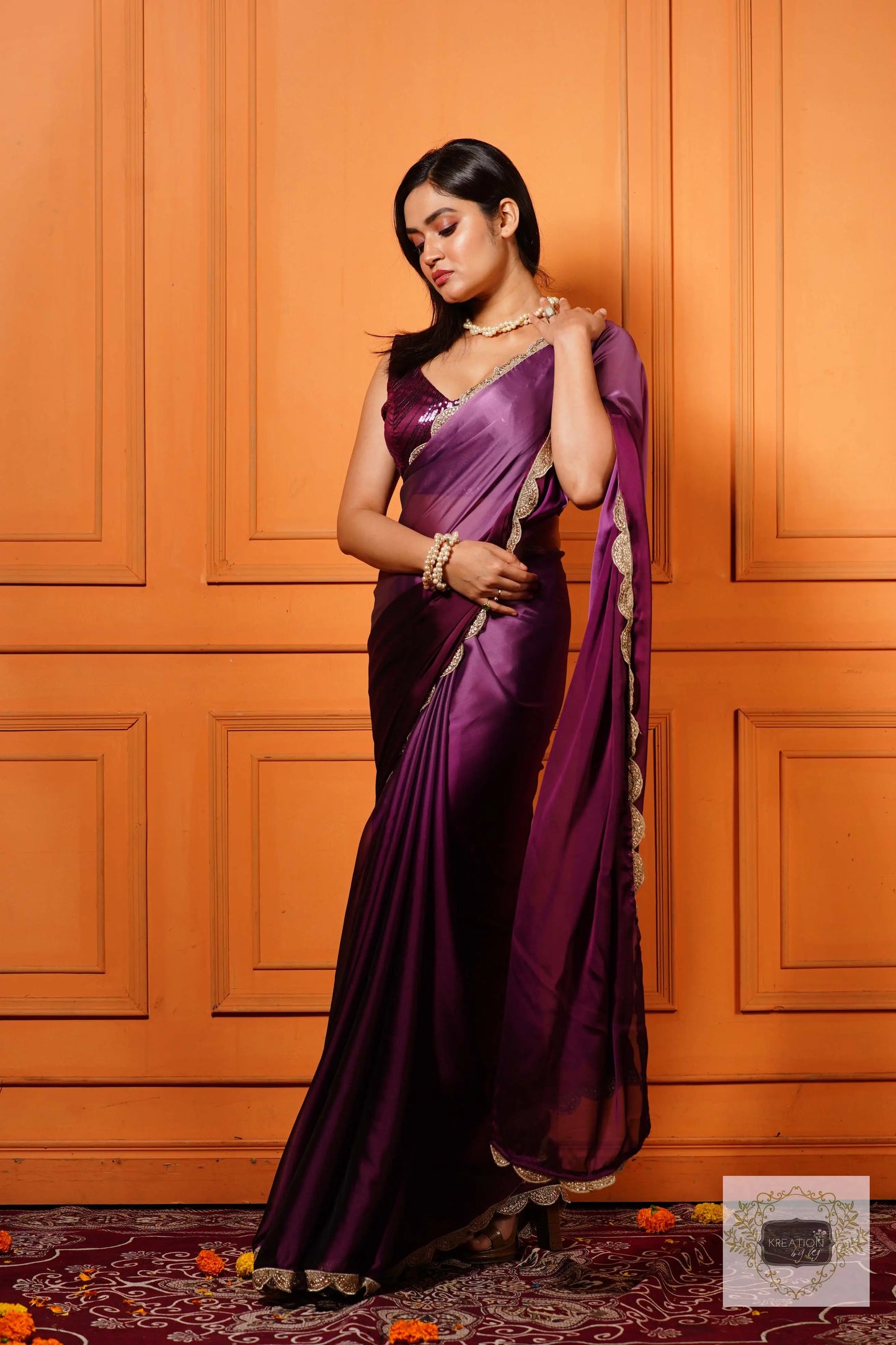 Black Currant Ombre Designer Saree with Scallop Border kreationbykj