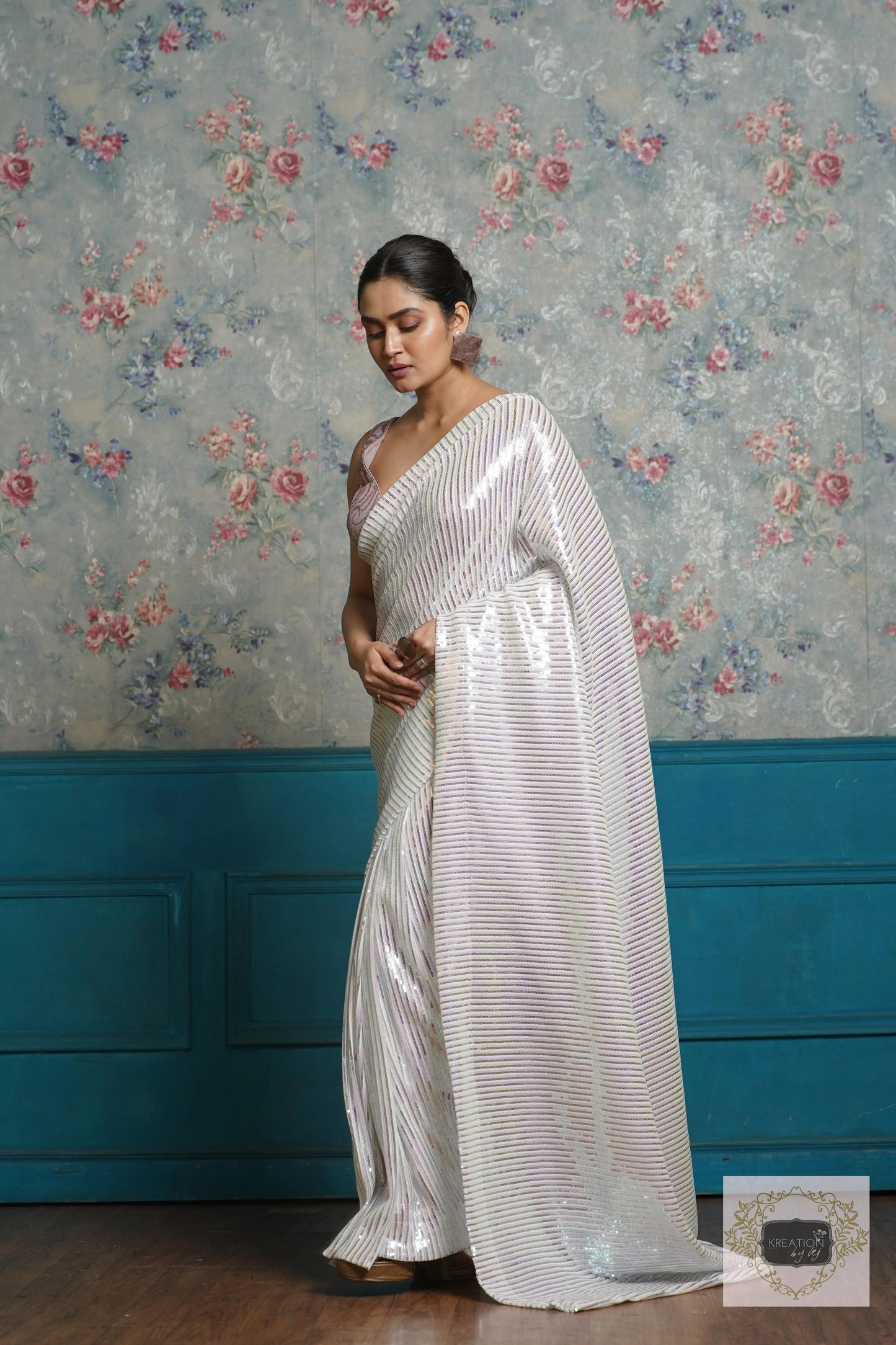 White Sequin Cocktail Saree kreationbykj