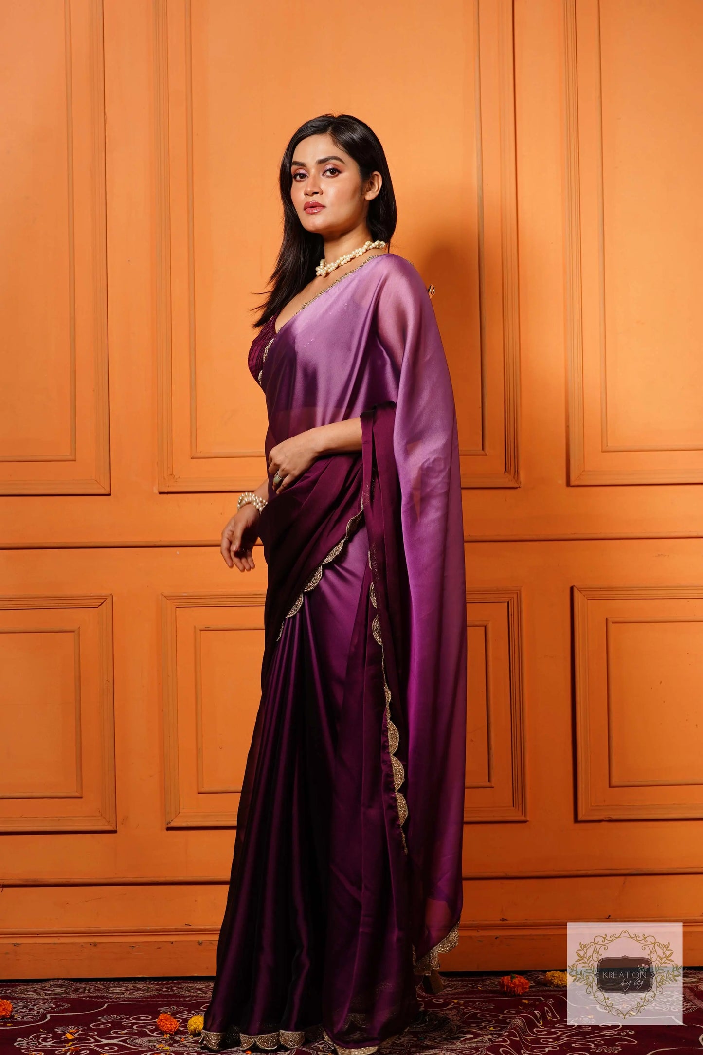 Black Currant Ombre Designer Saree with Scallop Border kreationbykj