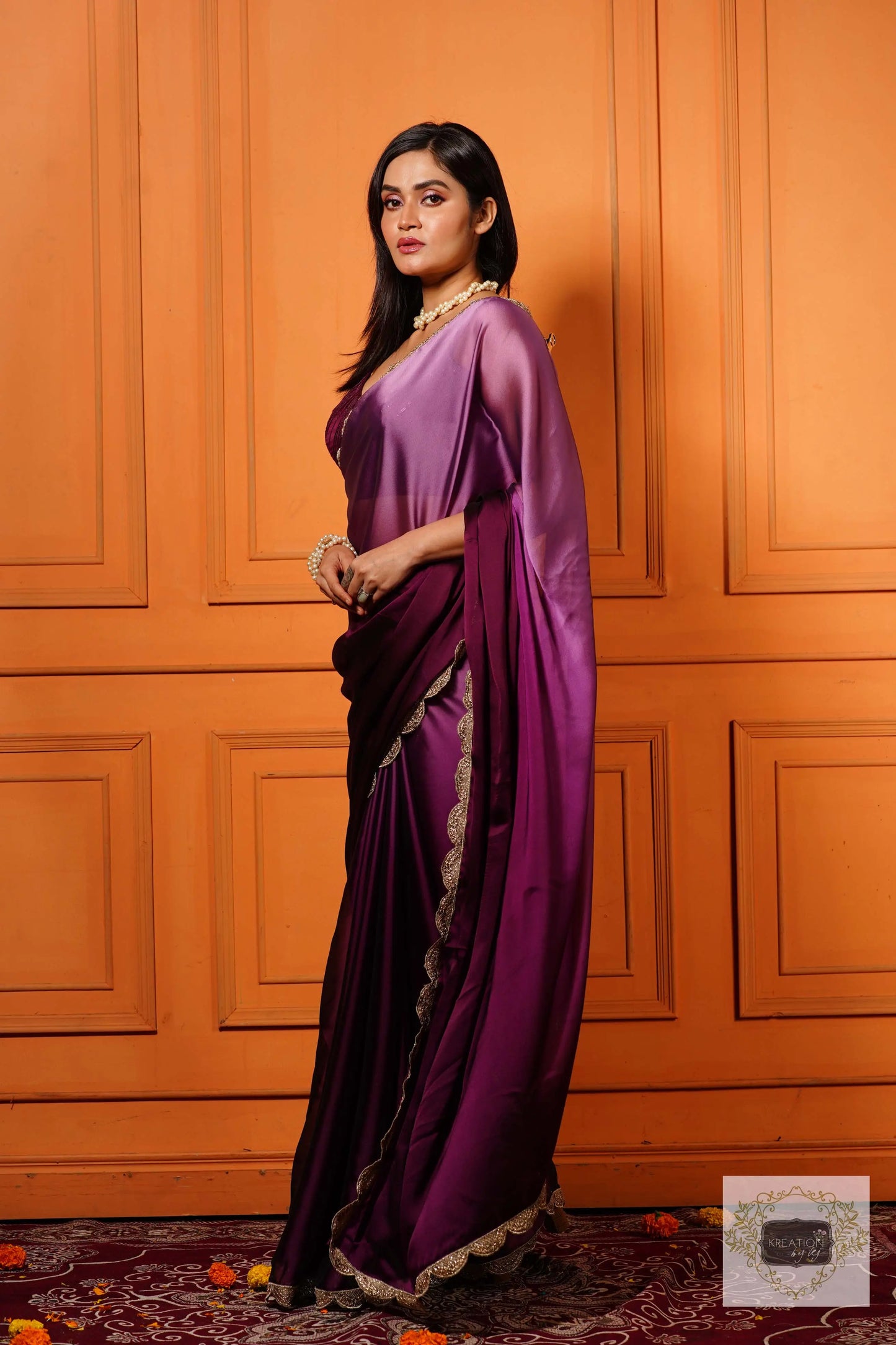 Black Currant Ombre Designer Saree with Scallop Border kreationbykj