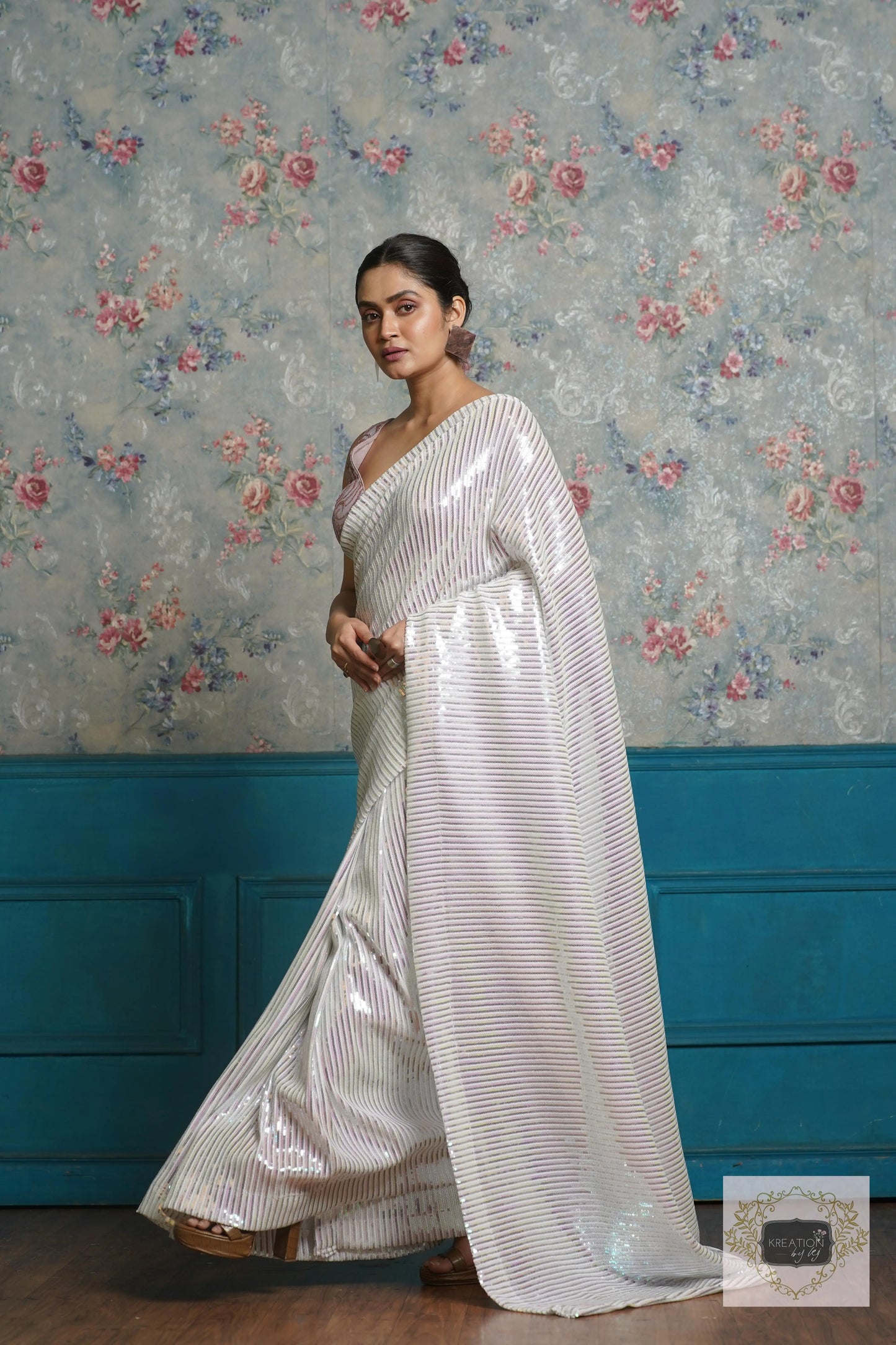 White Sequin Cocktail Saree kreationbykj