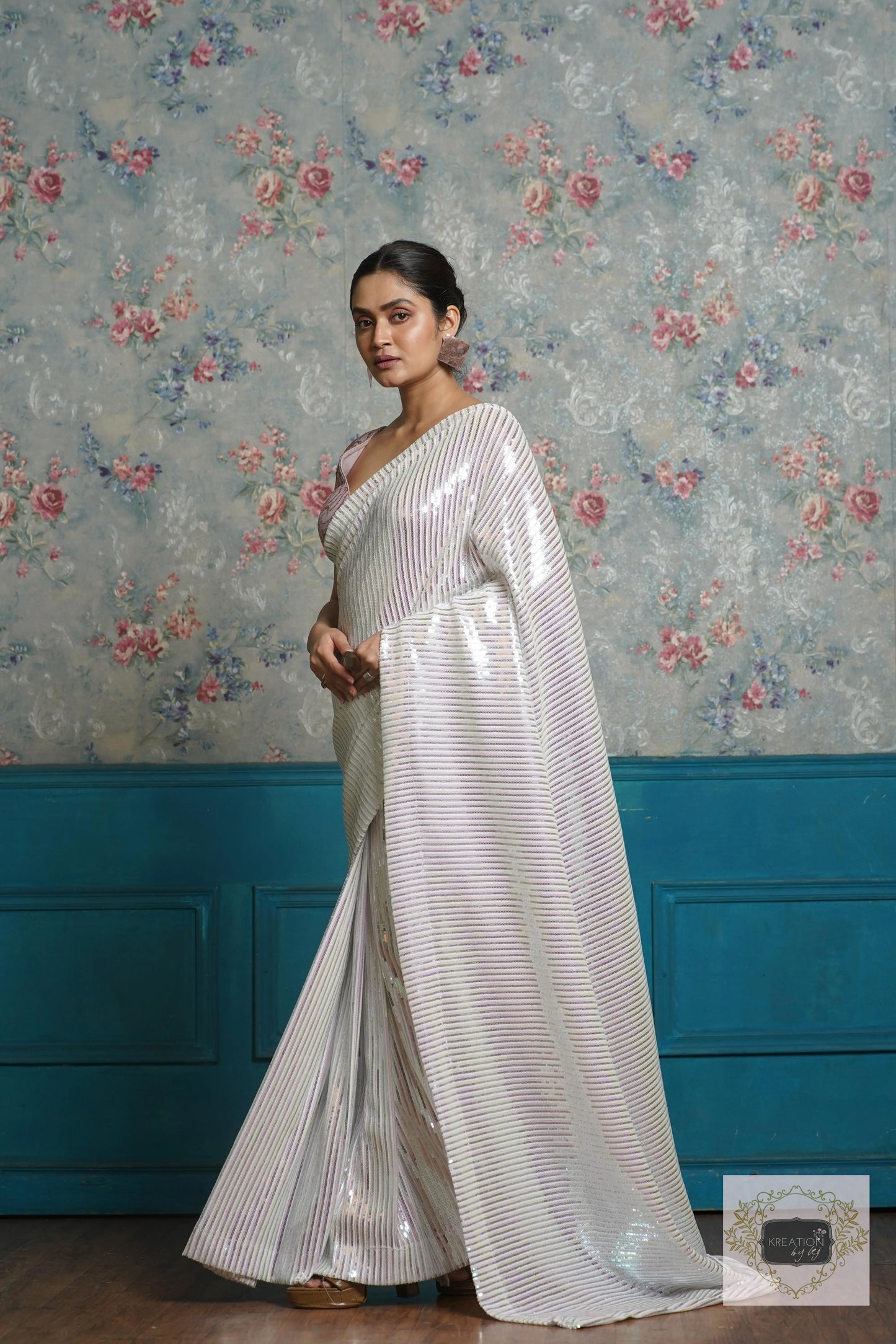 White Sequin Cocktail Saree kreationbykj
