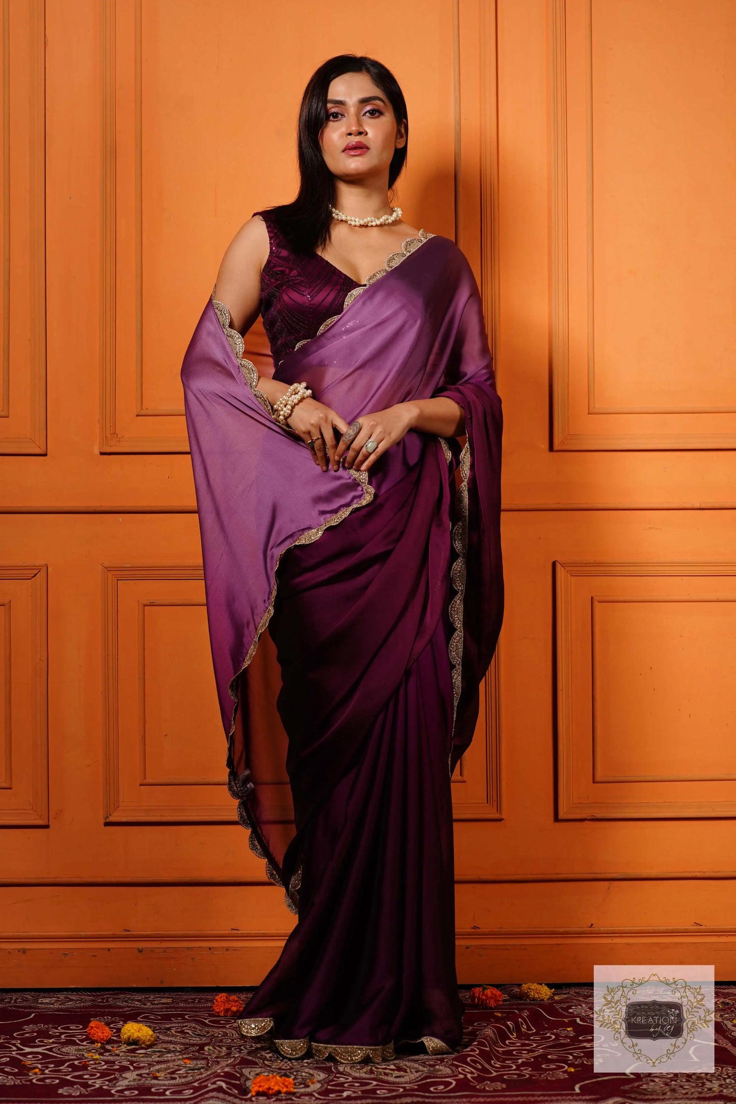 Black Currant Ombre Designer Saree with Scallop Border kreationbykj