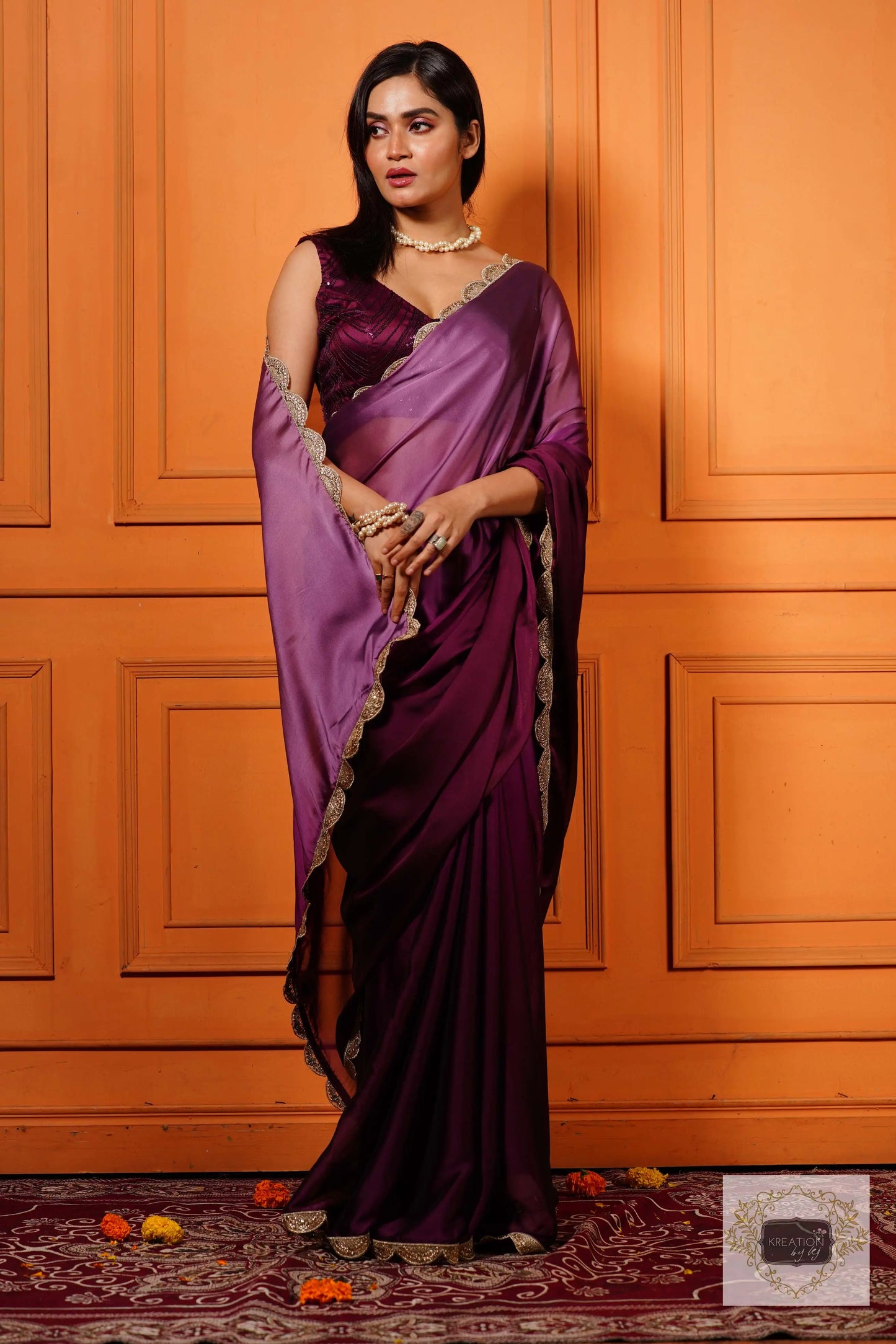 Black Currant Ombre Designer Saree with Scallop Border kreationbykj