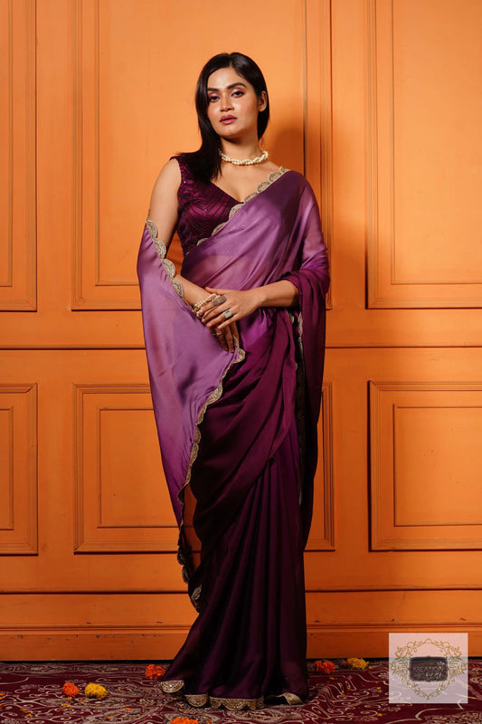 Black Currant Ombre Designer Saree with Scallop Border kreationbykj