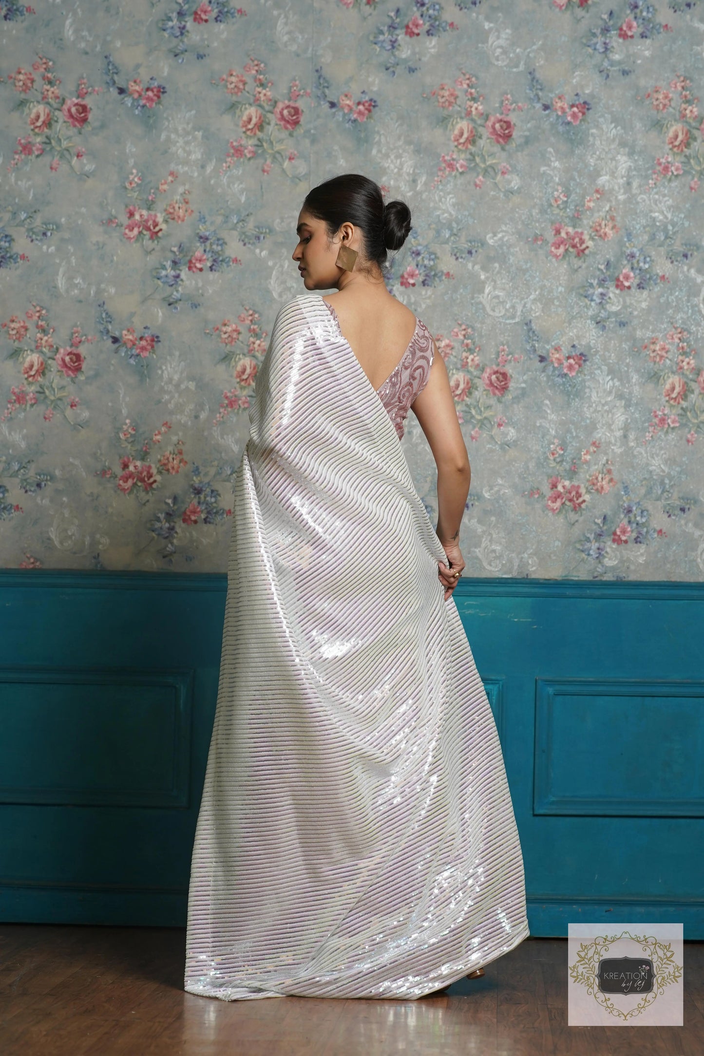 White Sequin Cocktail Saree kreationbykj