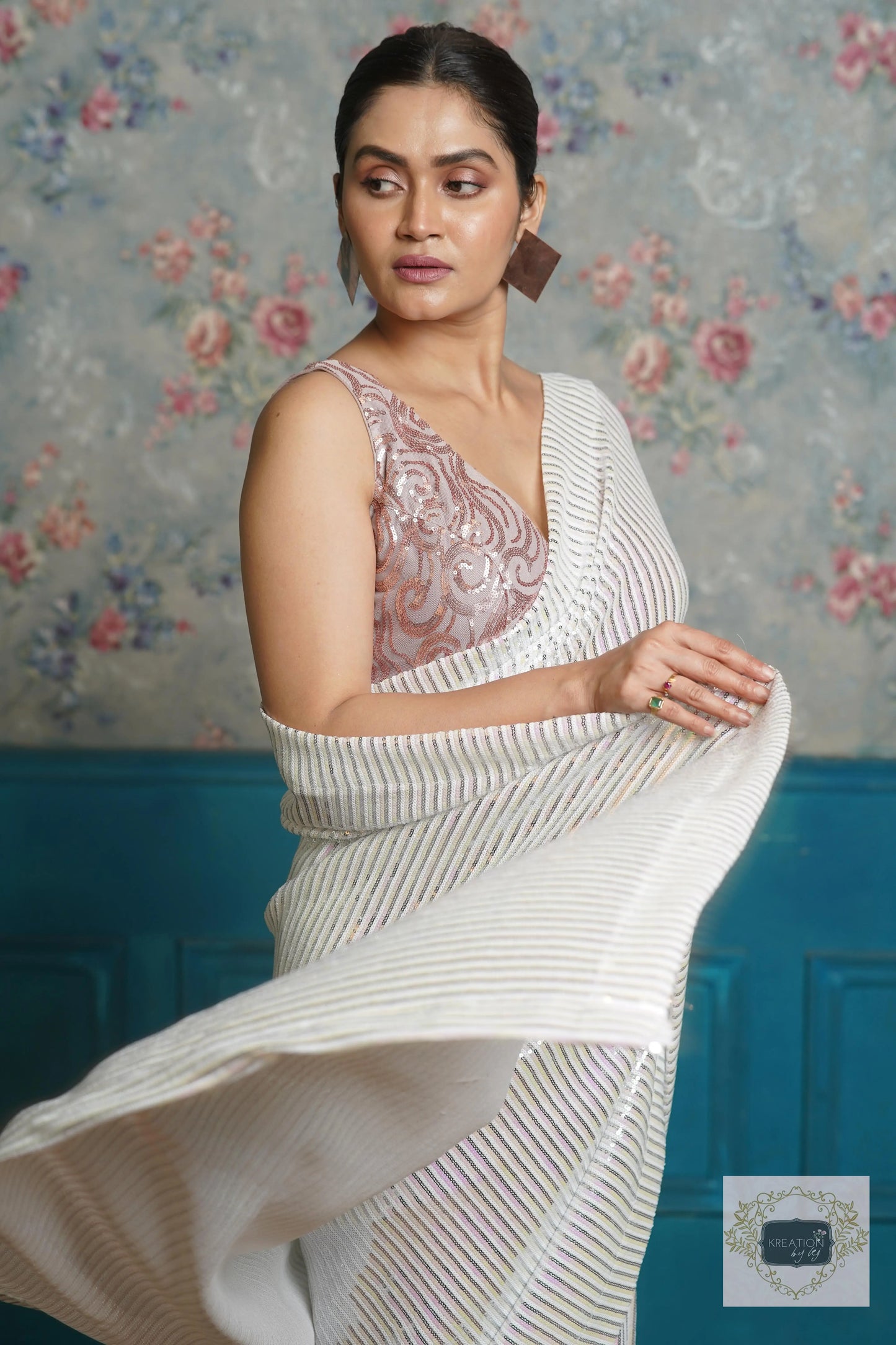 White Sequin Cocktail Saree kreationbykj