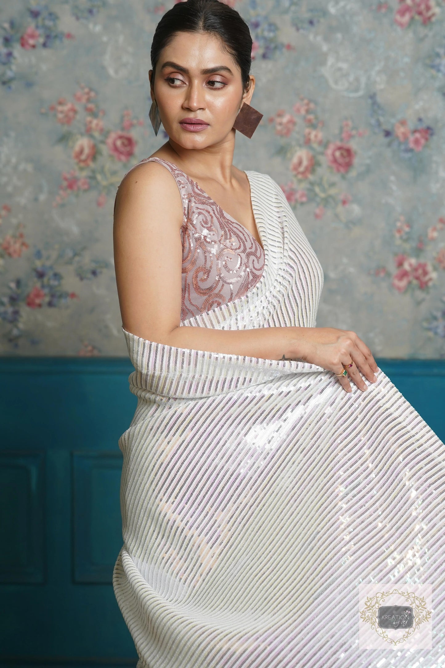 White Sequin Cocktail Saree kreationbykj