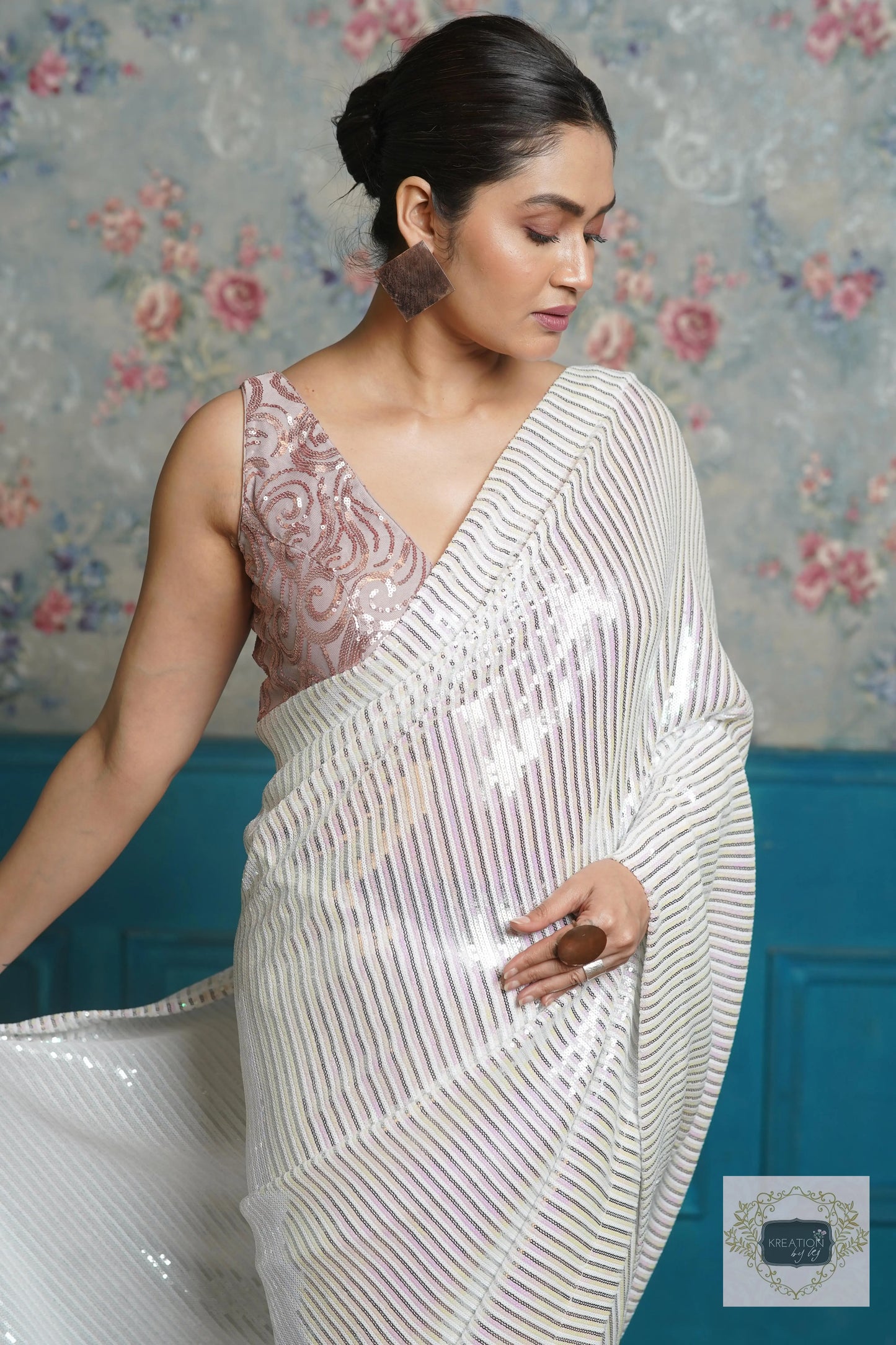 White Sequin Cocktail Saree kreationbykj