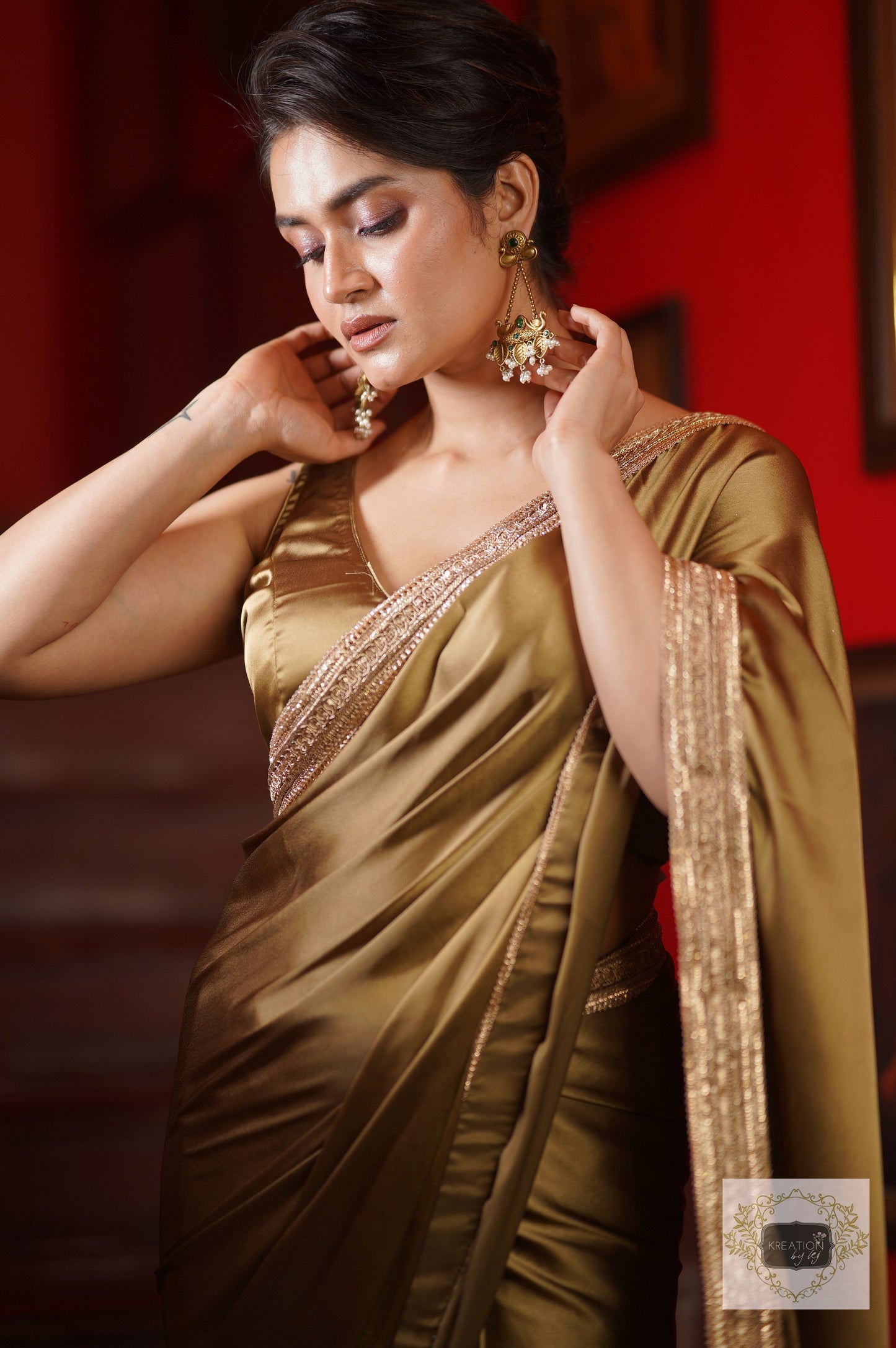 Olive Green satin Silk Cocktail Saree kreationbykj