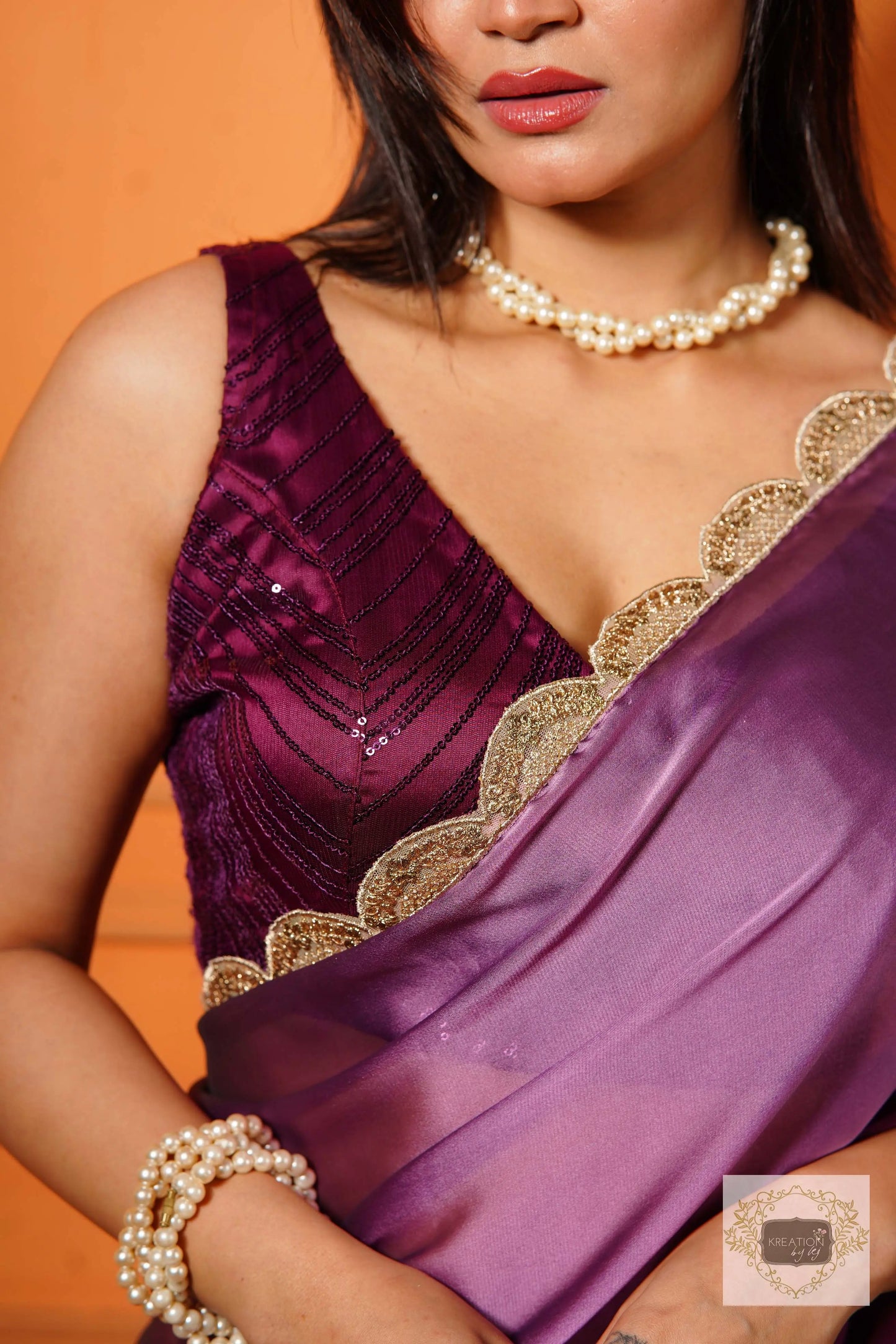 Black Currant Ombre Designer Saree with Scallop Border kreationbykj