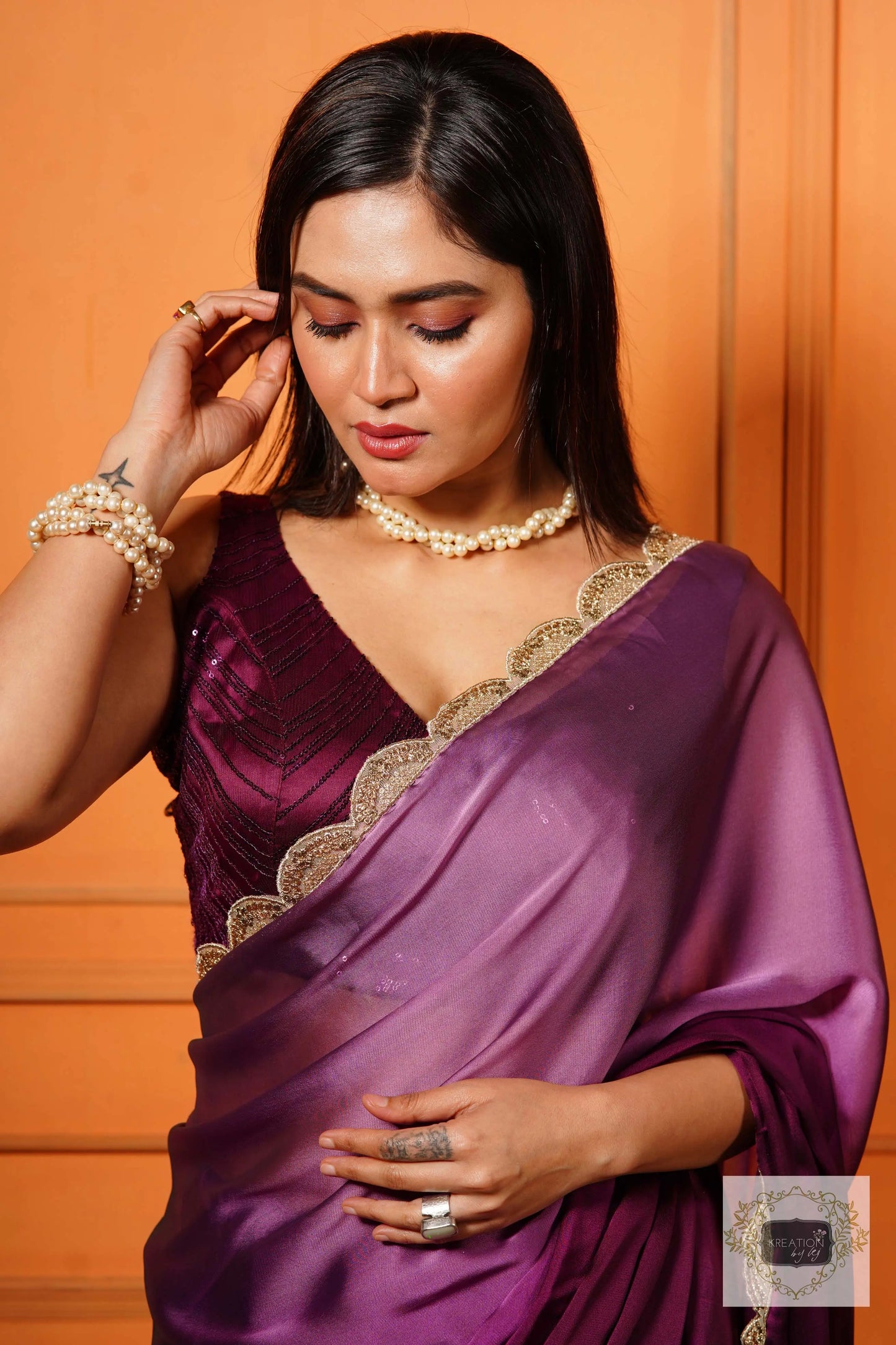 Black Currant Ombre Designer Saree with Scallop Border kreationbykj