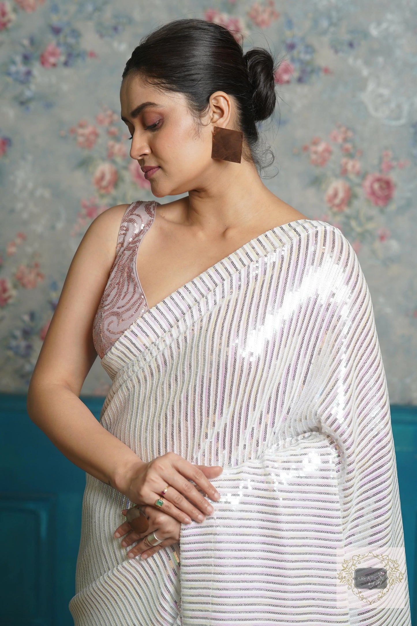 White Sequin Cocktail Saree kreationbykj