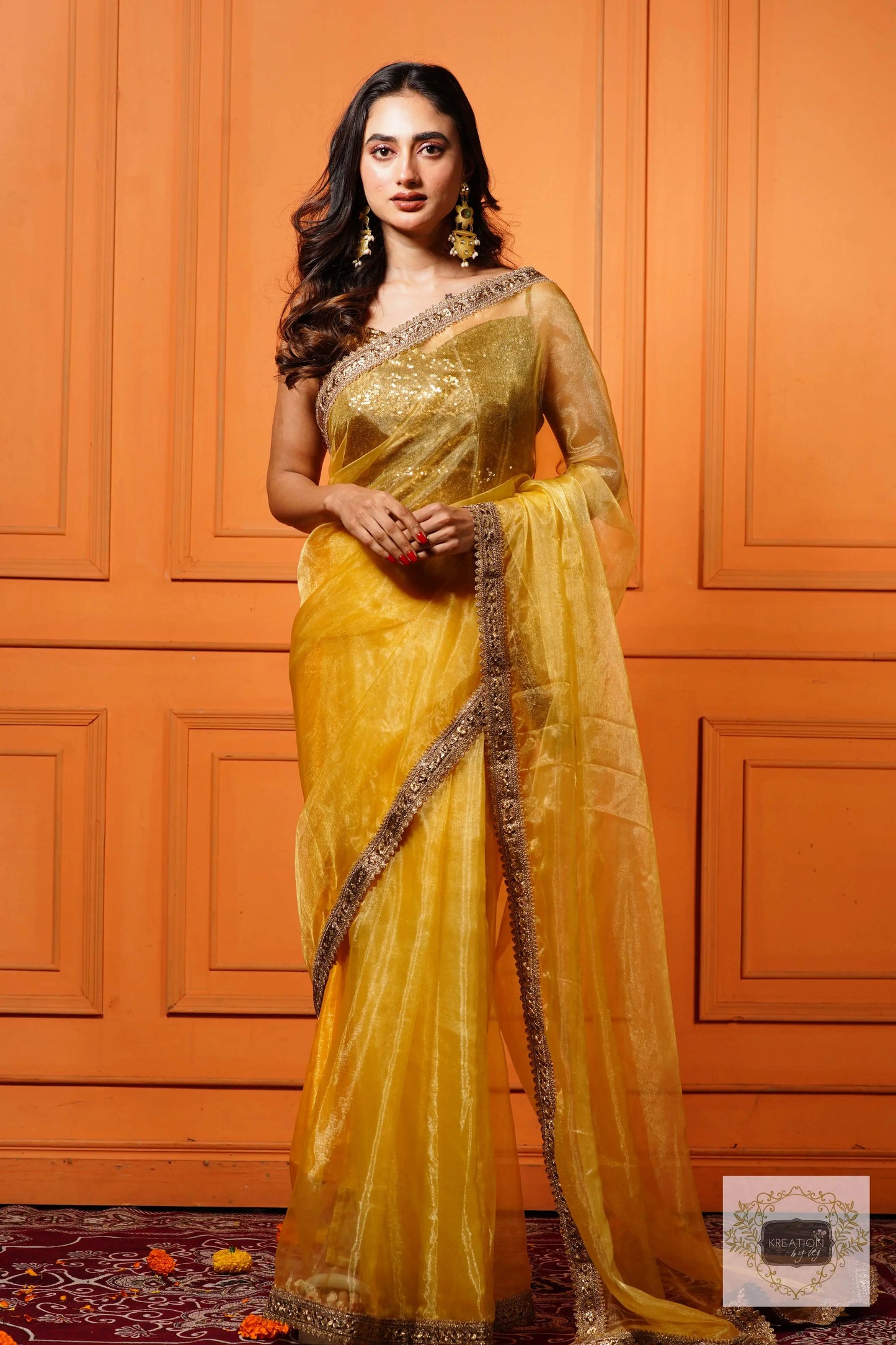 Golden Glass Tissue Saree with Border kreationbykj