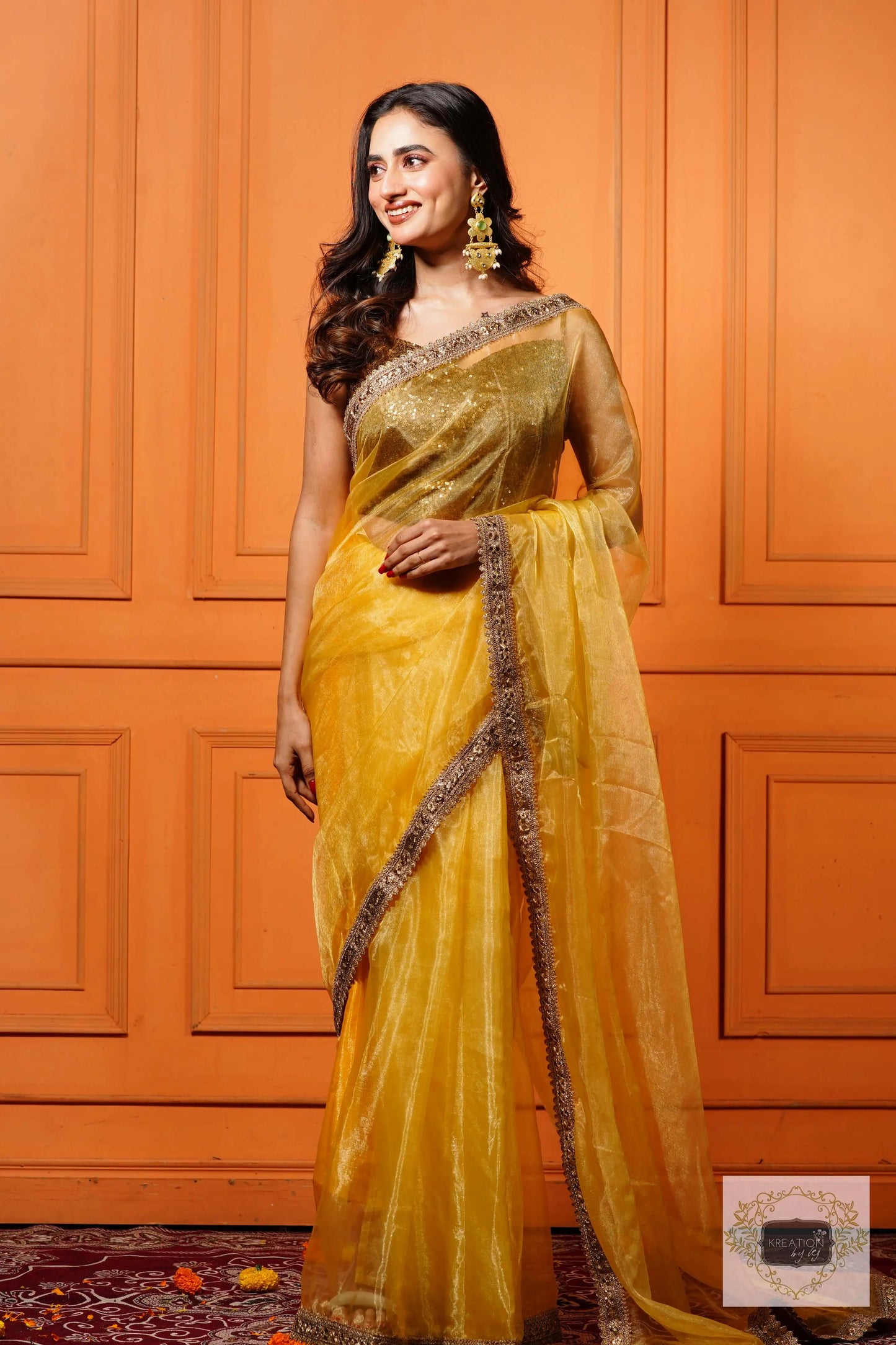 Golden Glass Tissue Saree with Border kreationbykj