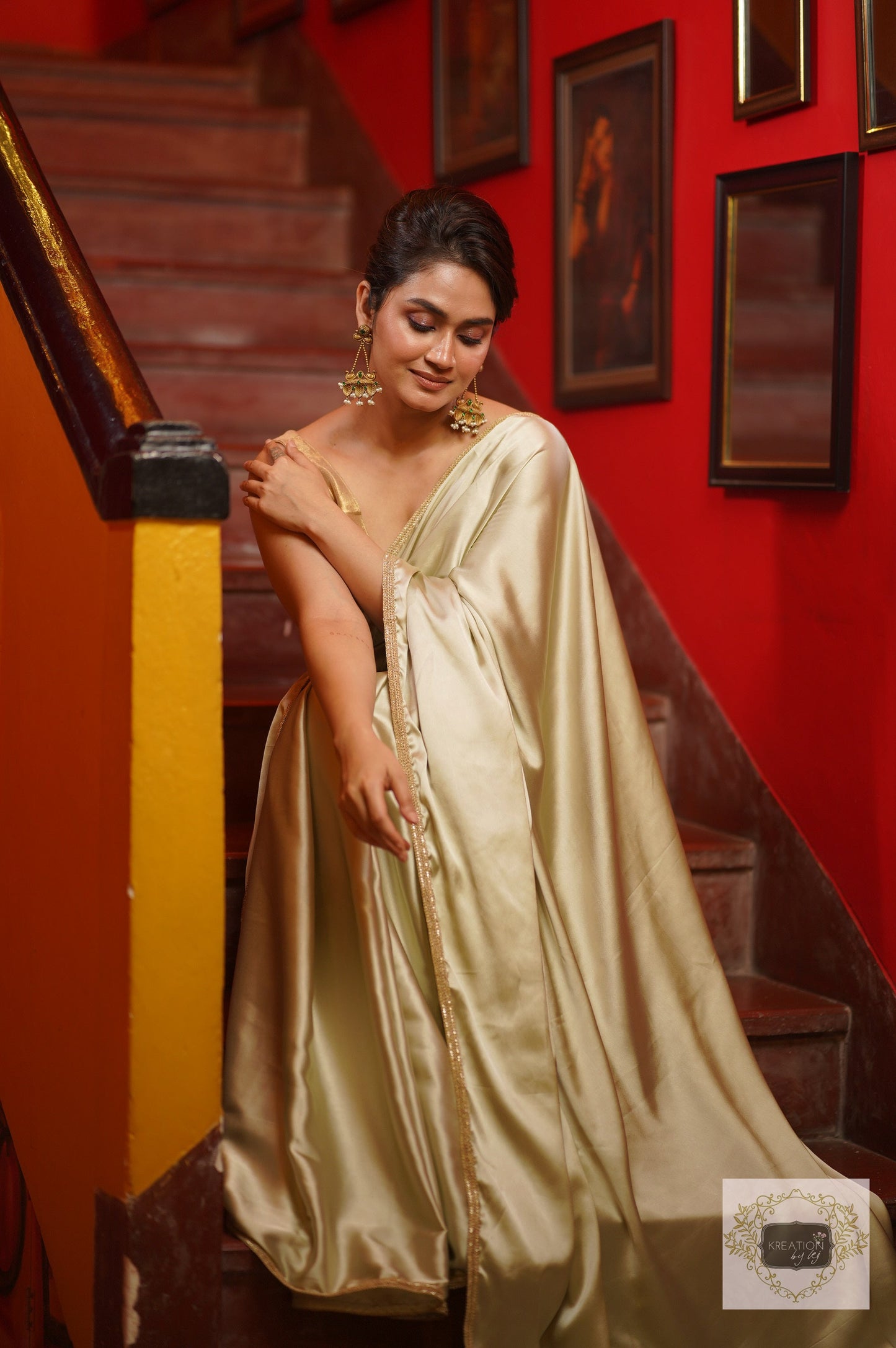 Mint Satin Saree With Golden Border kreationbykj