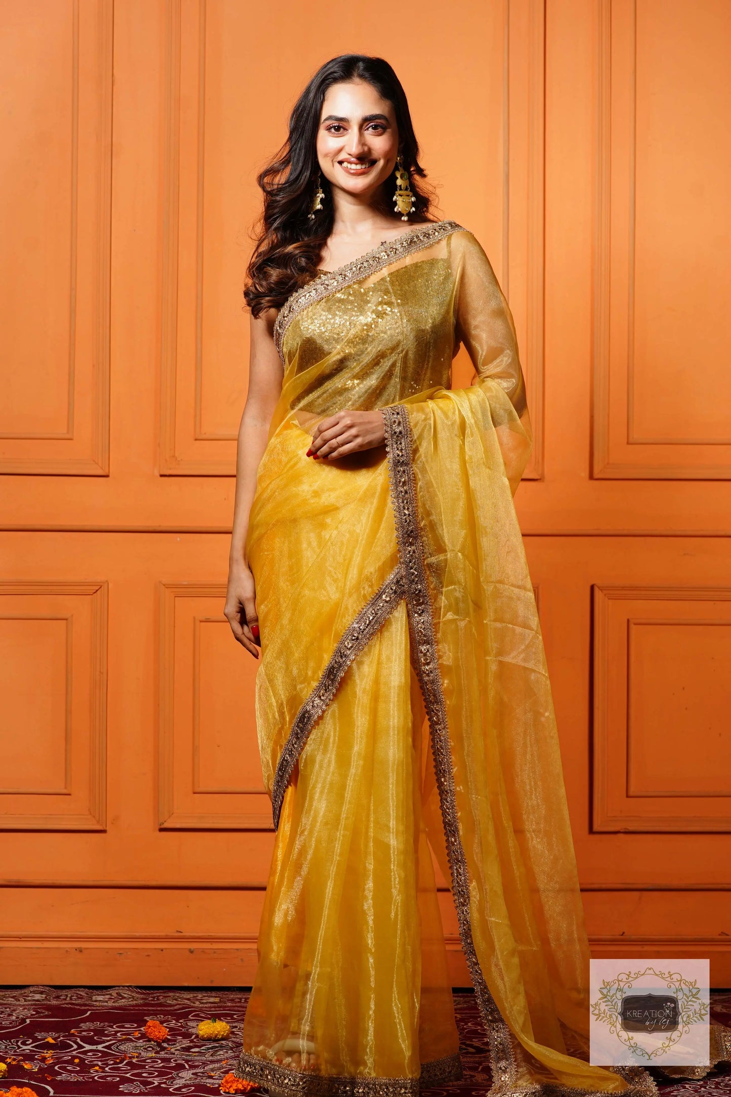 Golden Glass Tissue Saree with Border kreationbykj