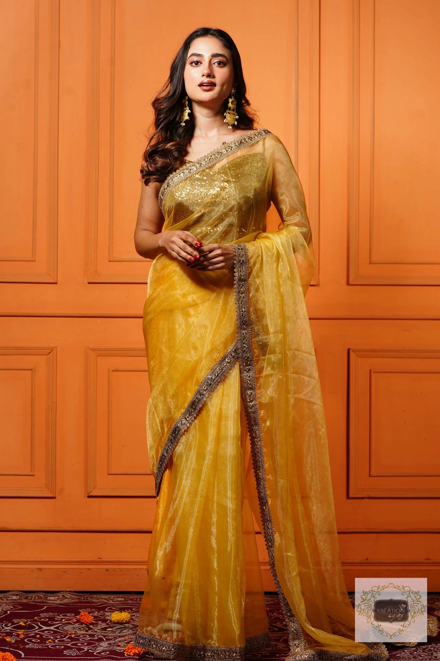 Golden Glass Tissue Saree with Border kreationbykj