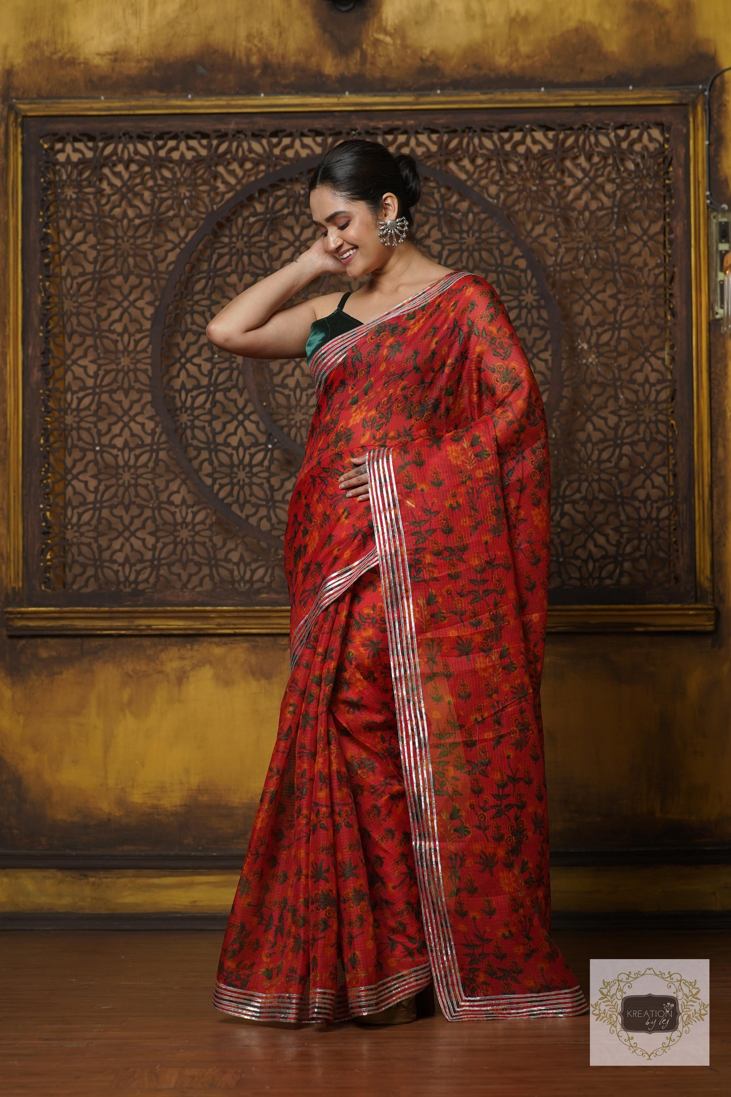 Orange Floral Kota Silver Lining Saree With Gota Border kreationbykj