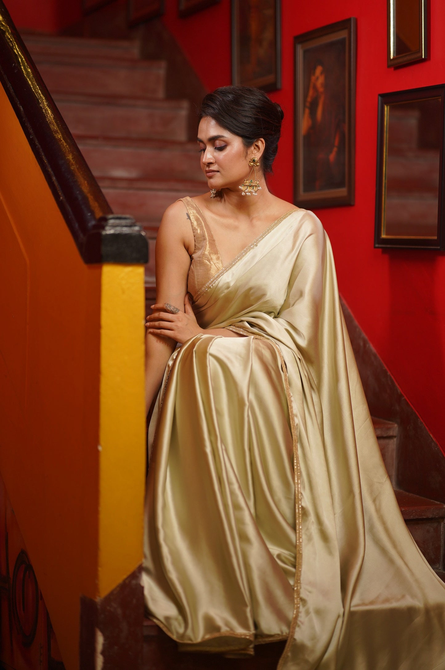 Mint Satin Saree With Golden Border kreationbykj