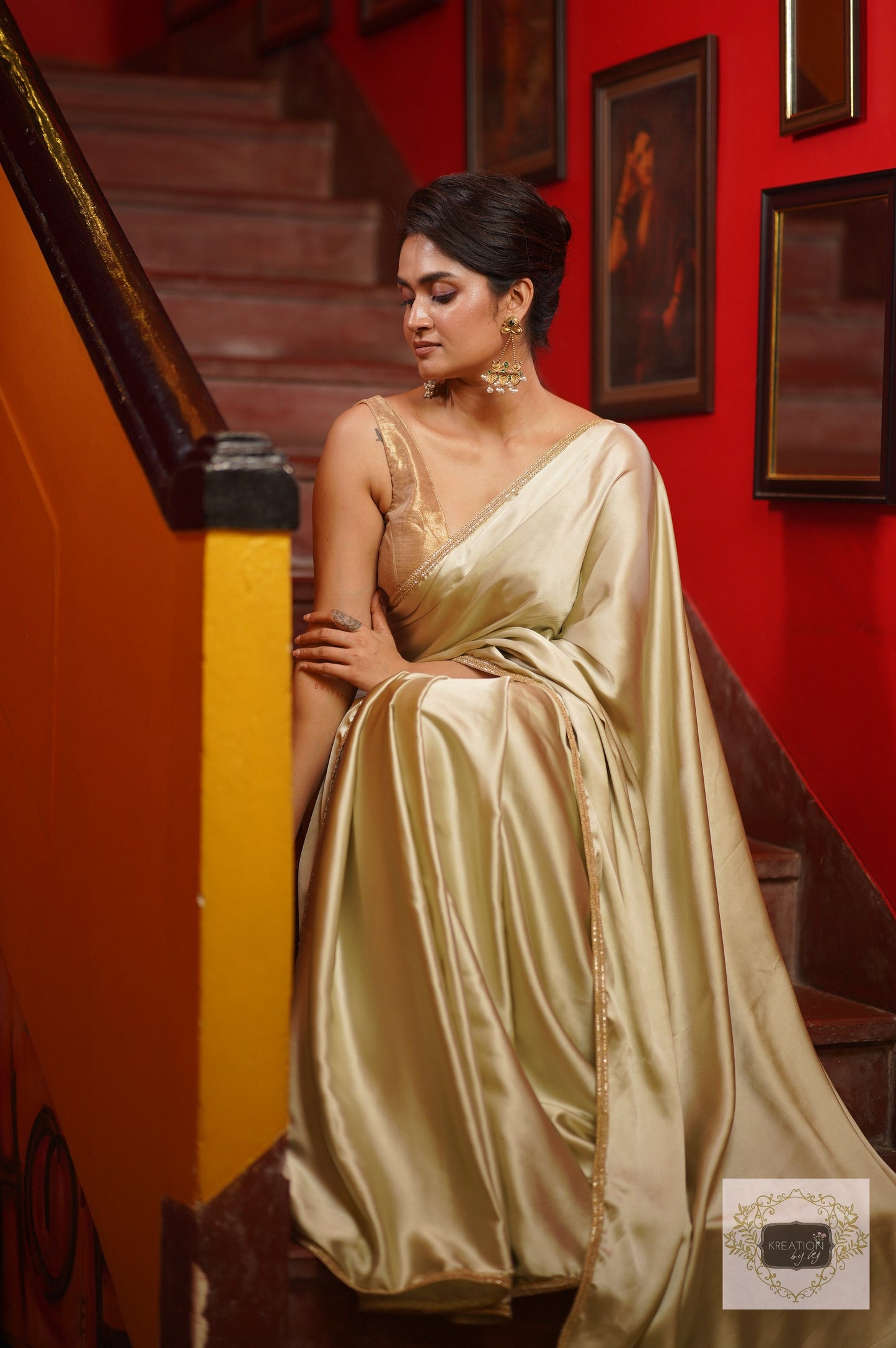 Mint Satin Saree With Golden Border kreationbykj