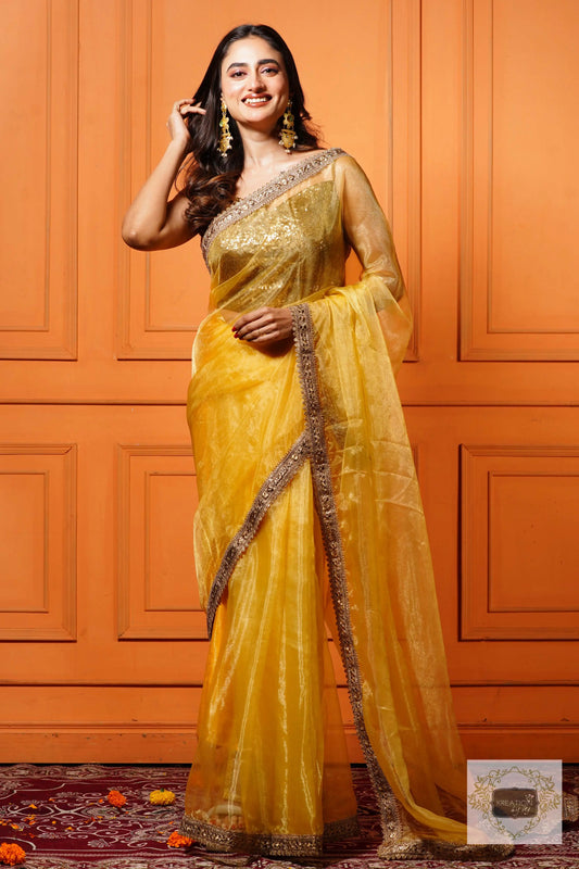 Golden Glass Tissue Saree with Border kreationbykj