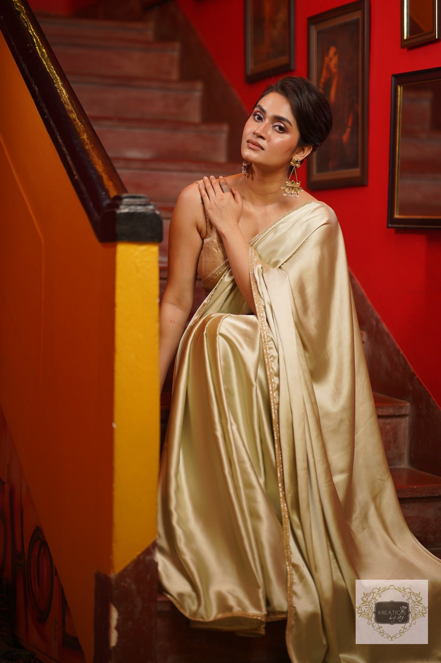 Mint Satin Saree With Golden Border kreationbykj