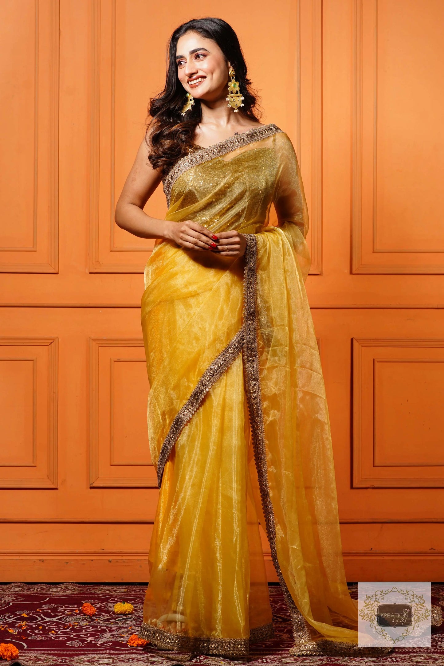 Golden Glass Tissue Saree with Border kreationbykj