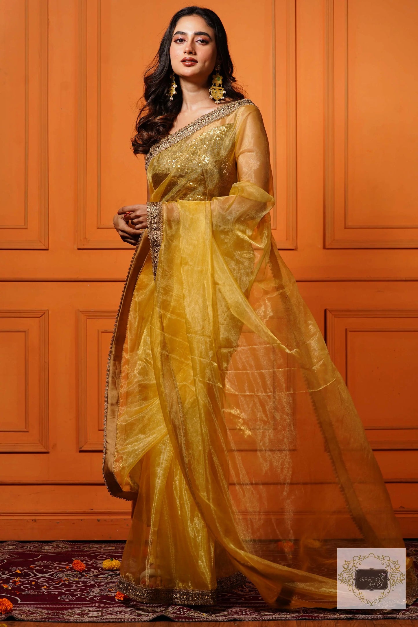 Golden Glass Tissue Saree with Border kreationbykj