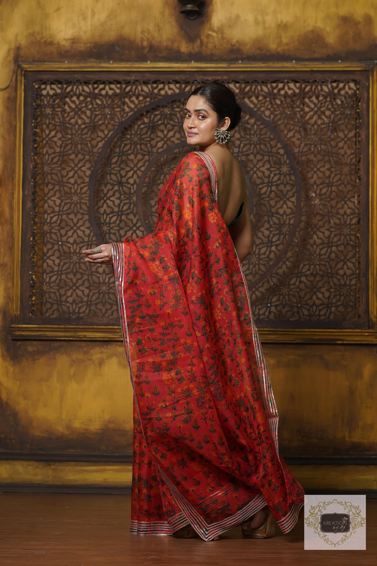 Orange Floral Kota Silver Lining Saree With Gota Border kreationbykj