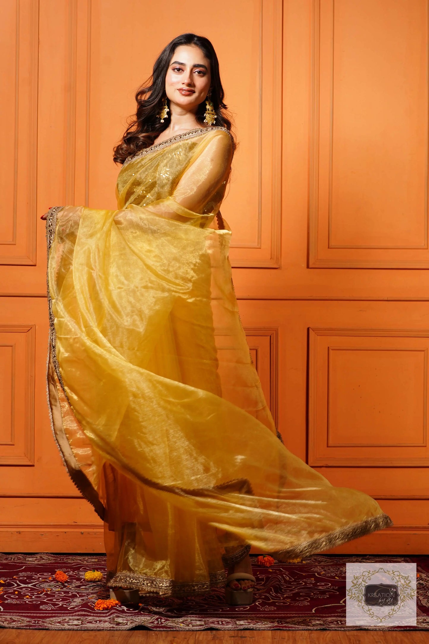 Golden Glass Tissue Saree with Border kreationbykj