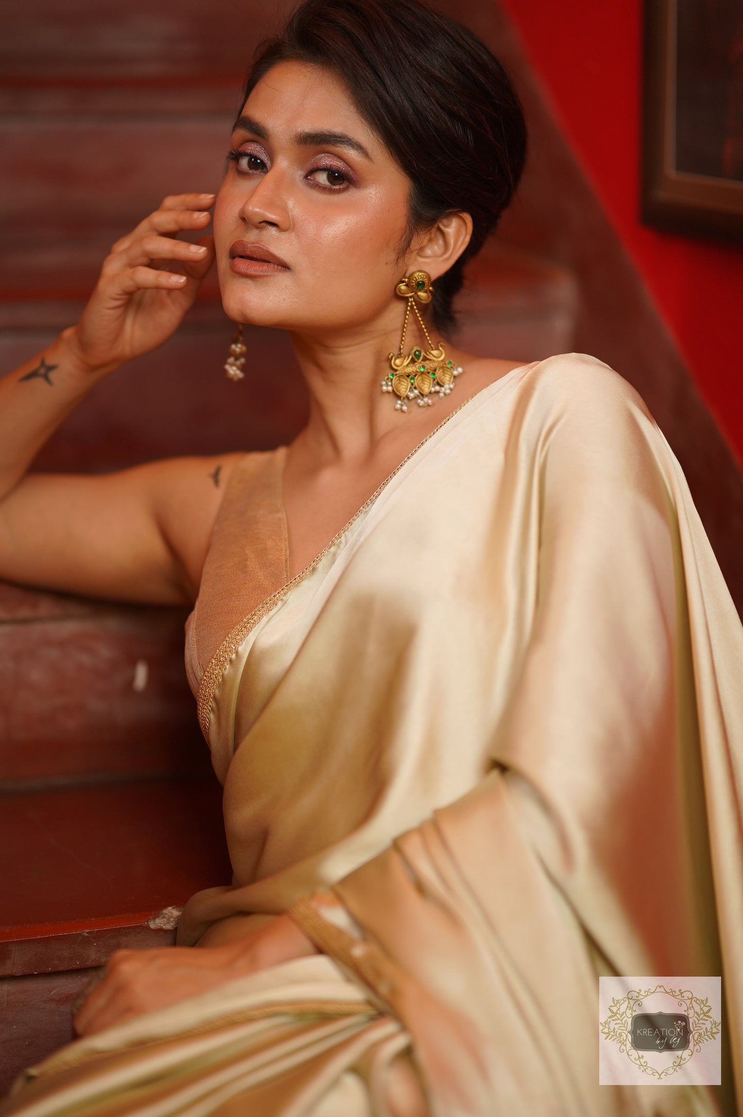 Mint Satin Saree With Golden Border kreationbykj