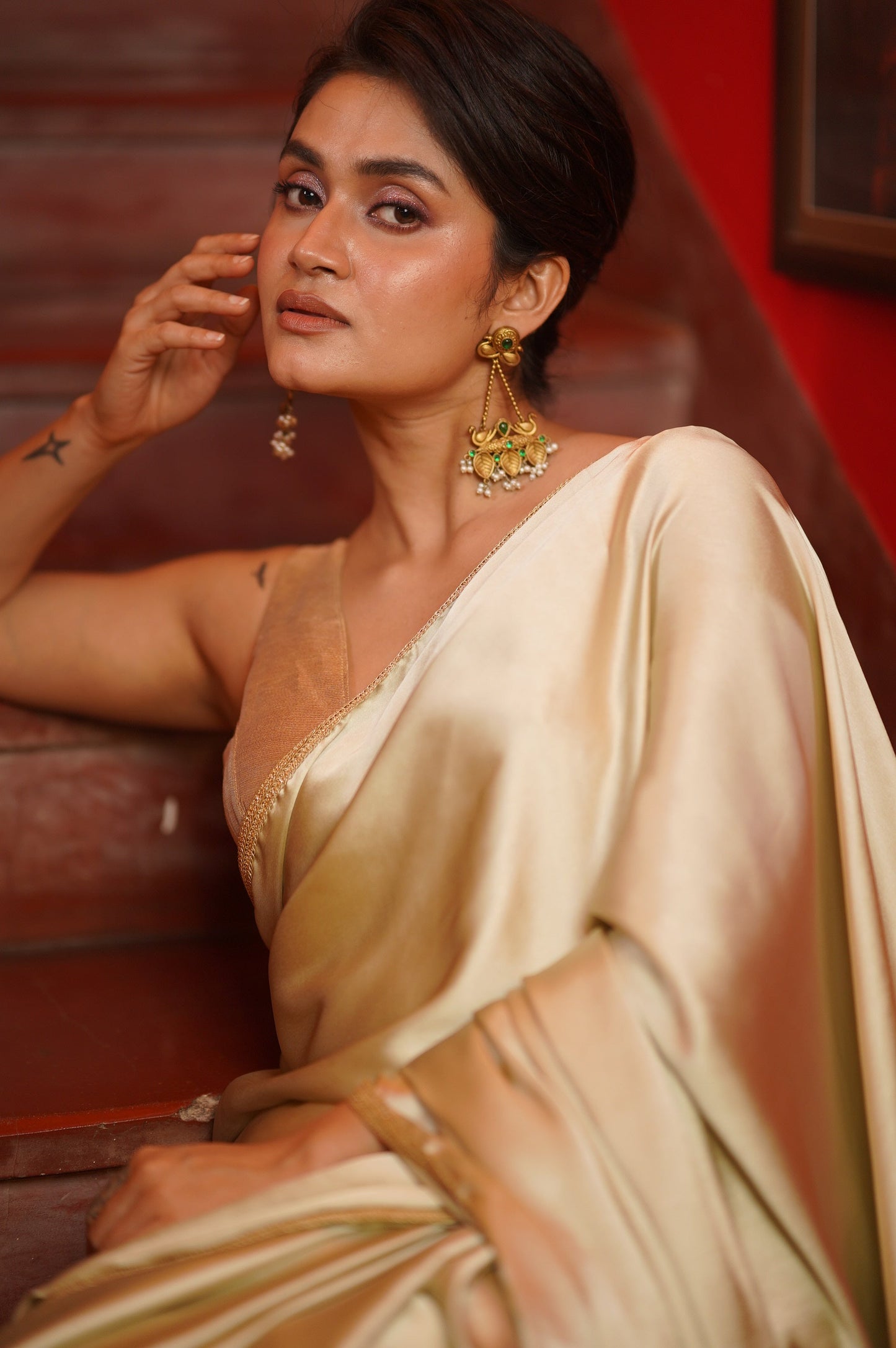 Mint Satin Saree With Golden Border kreationbykj