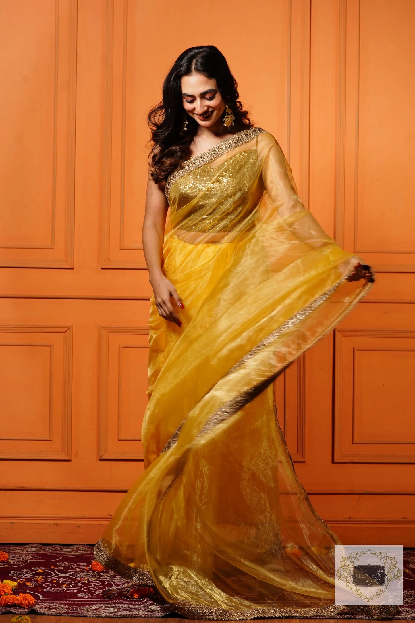 Golden Glass Tissue Saree with Border kreationbykj