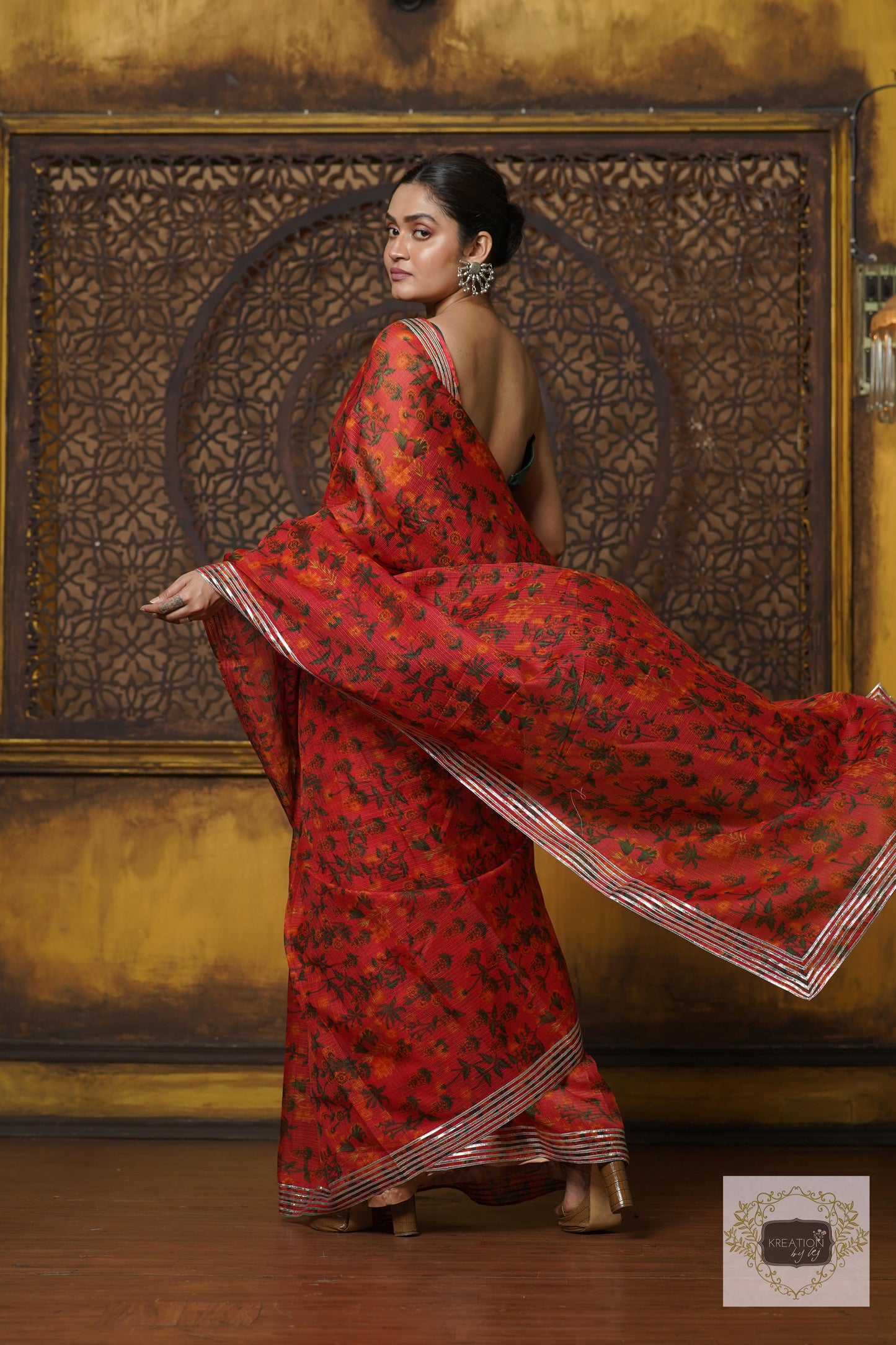 Orange Floral Kota Silver Lining Saree With Gota Border kreationbykj