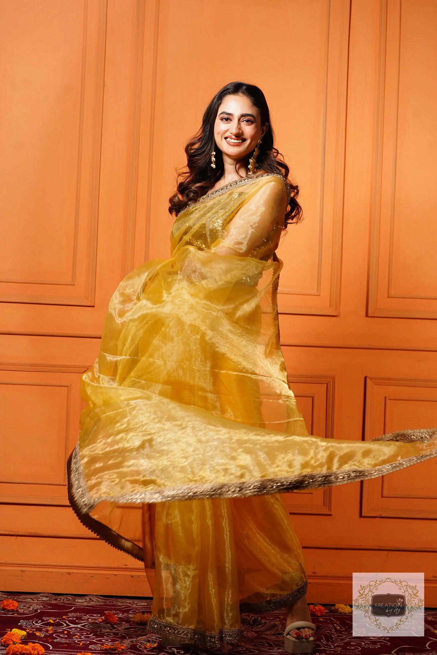 Golden Glass Tissue Saree with Border kreationbykj