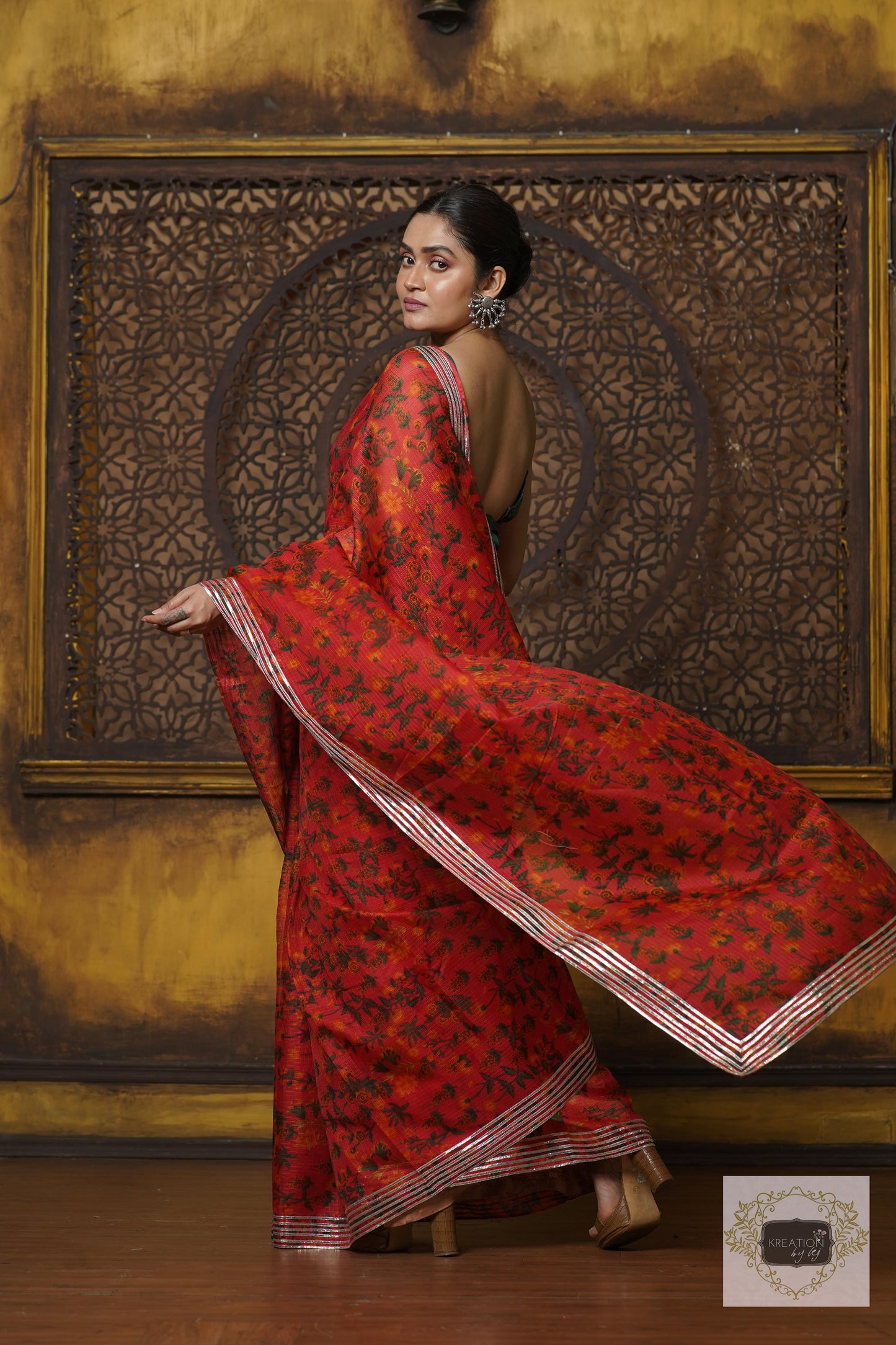 Orange Floral Kota Silver Lining Saree With Gota Border kreationbykj