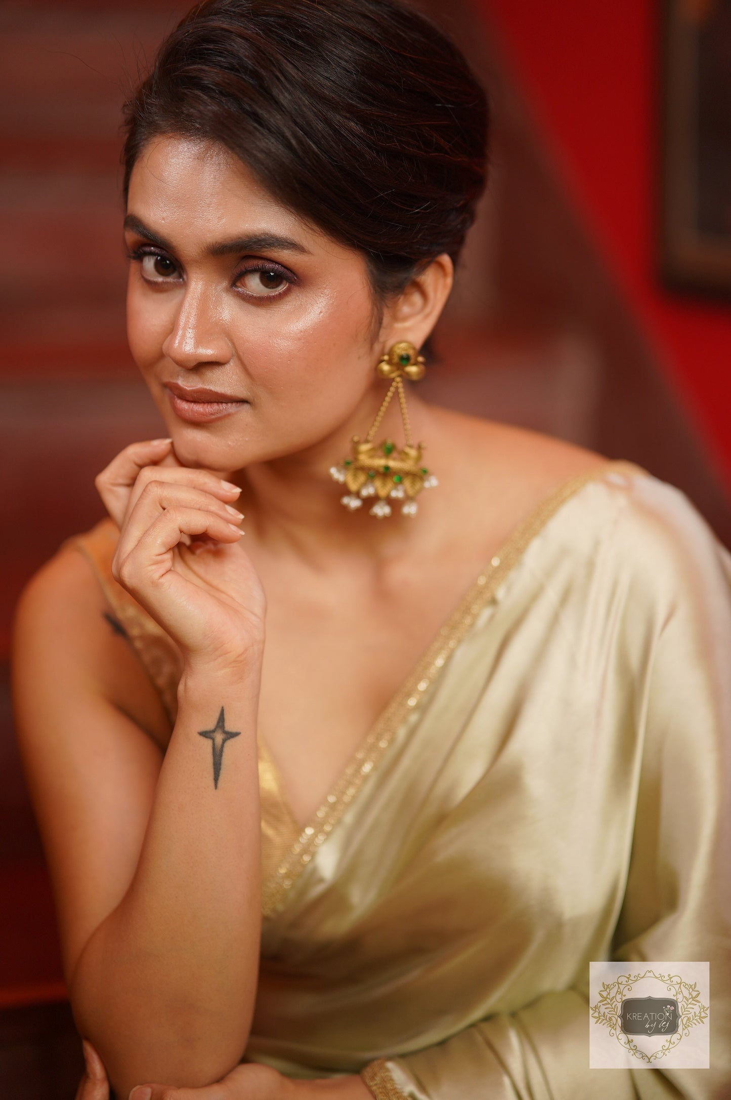 Mint Satin Saree With Golden Border kreationbykj