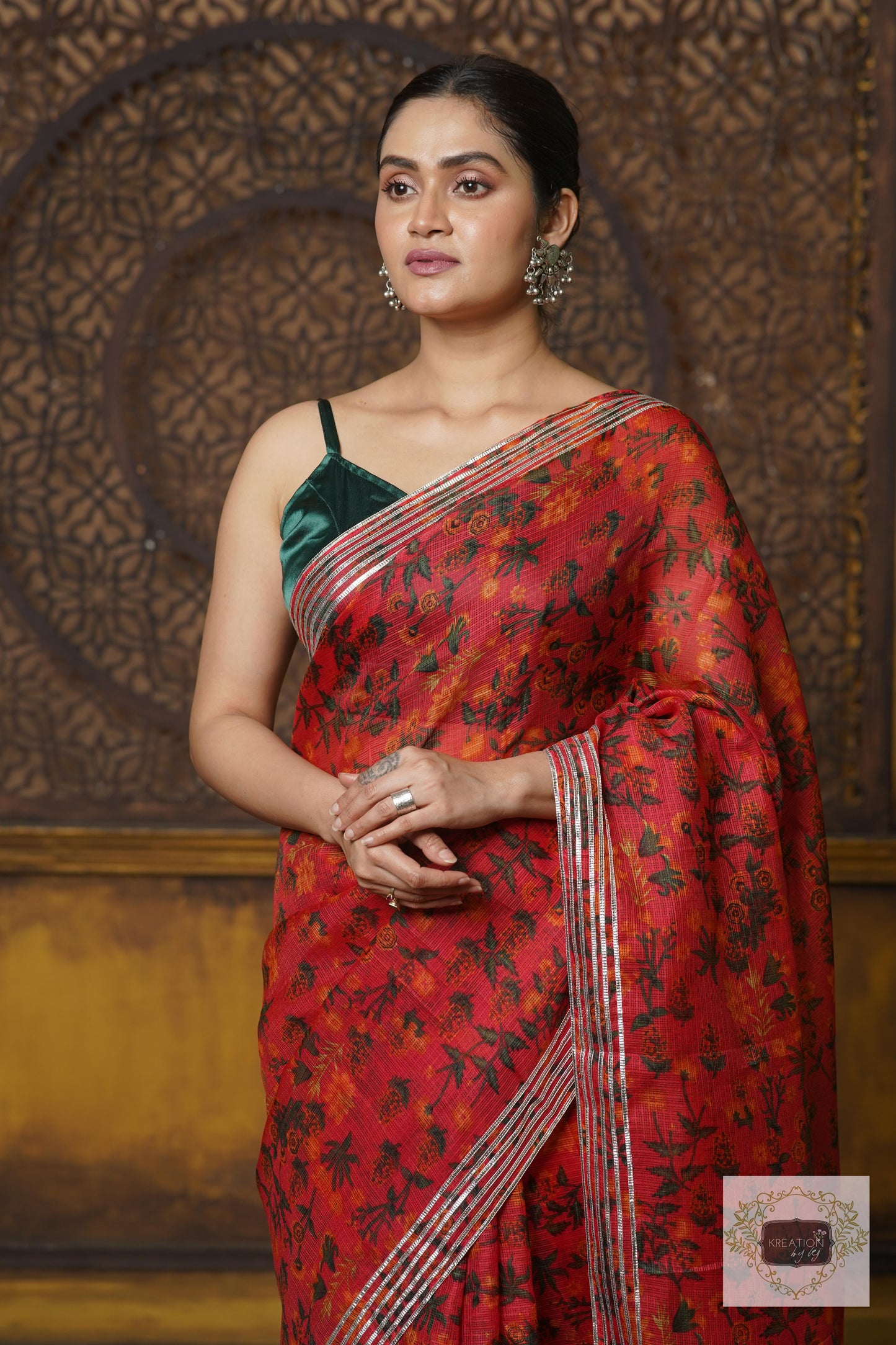 Orange Floral Kota Silver Lining Saree With Gota Border kreationbykj