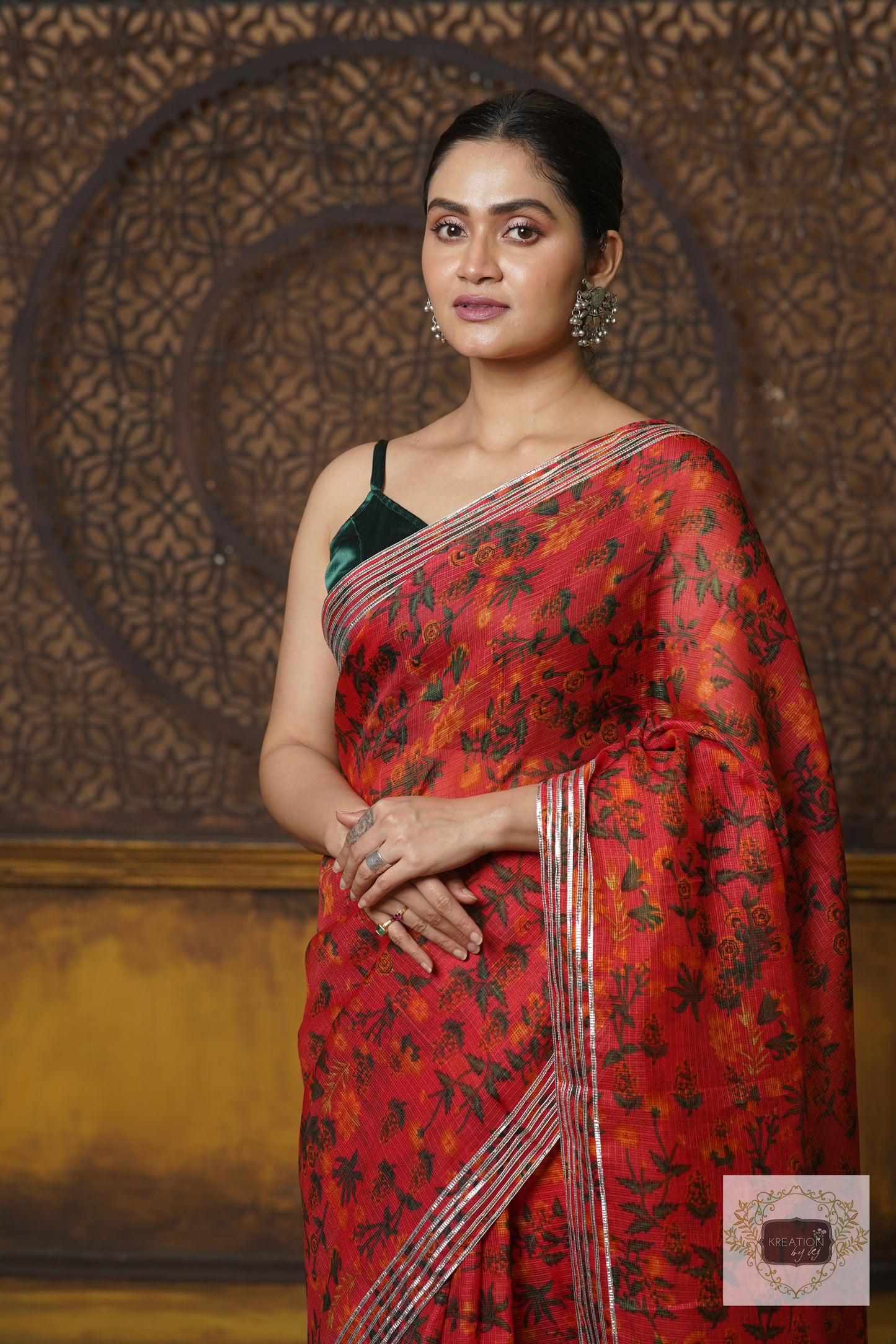 Orange Floral Kota Silver Lining Saree With Gota Border kreationbykj