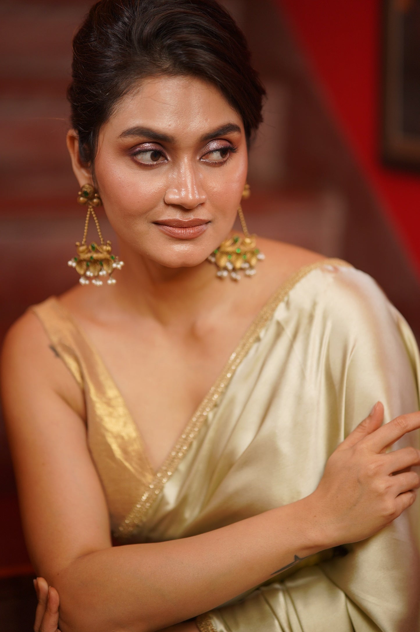 Mint Satin Saree With Golden Border kreationbykj