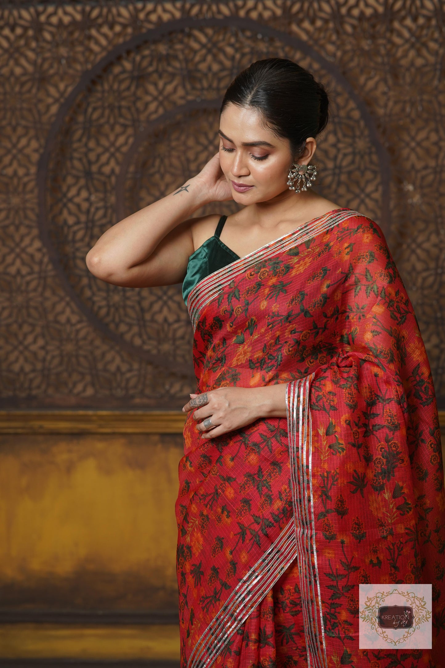 Orange Floral Kota Silver Lining Saree With Gota Border kreationbykj