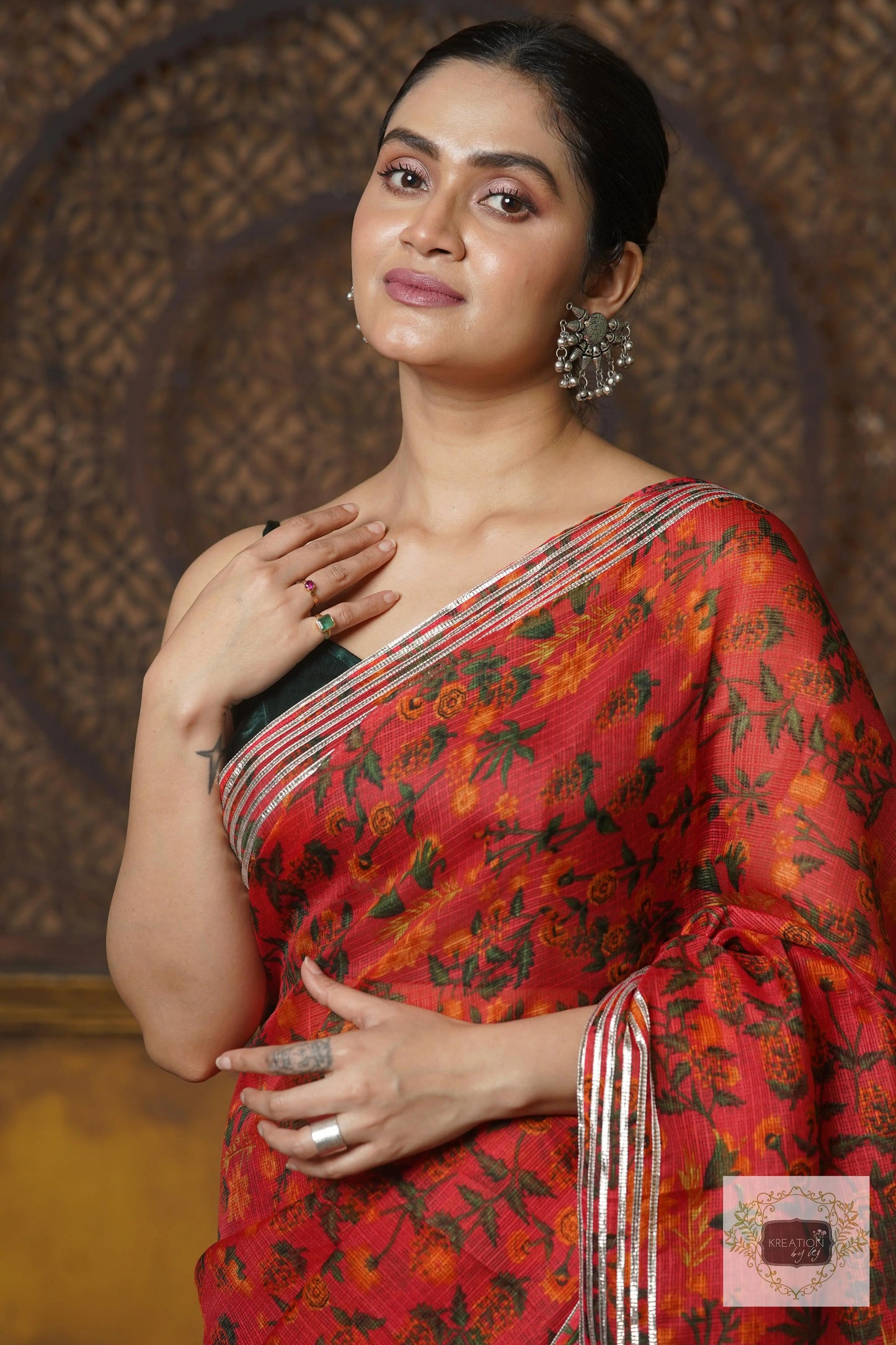 Orange Floral Kota Silver Lining Saree With Gota Border kreationbykj